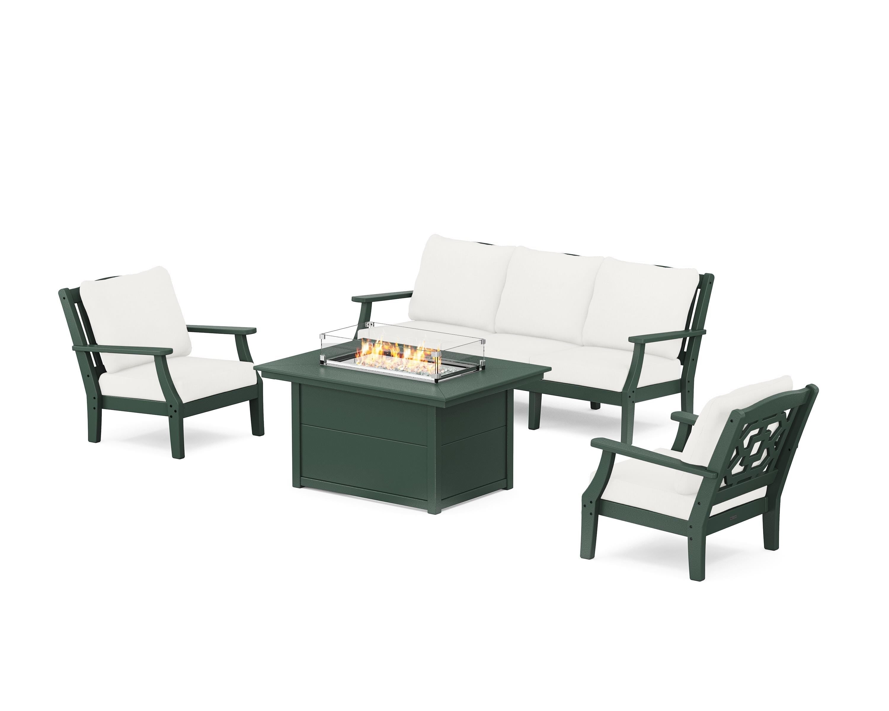 Martha Stewart by POLYWOOD Chinoiserie Deep Seating Fire Pit Table Set in Green / Natural Linen