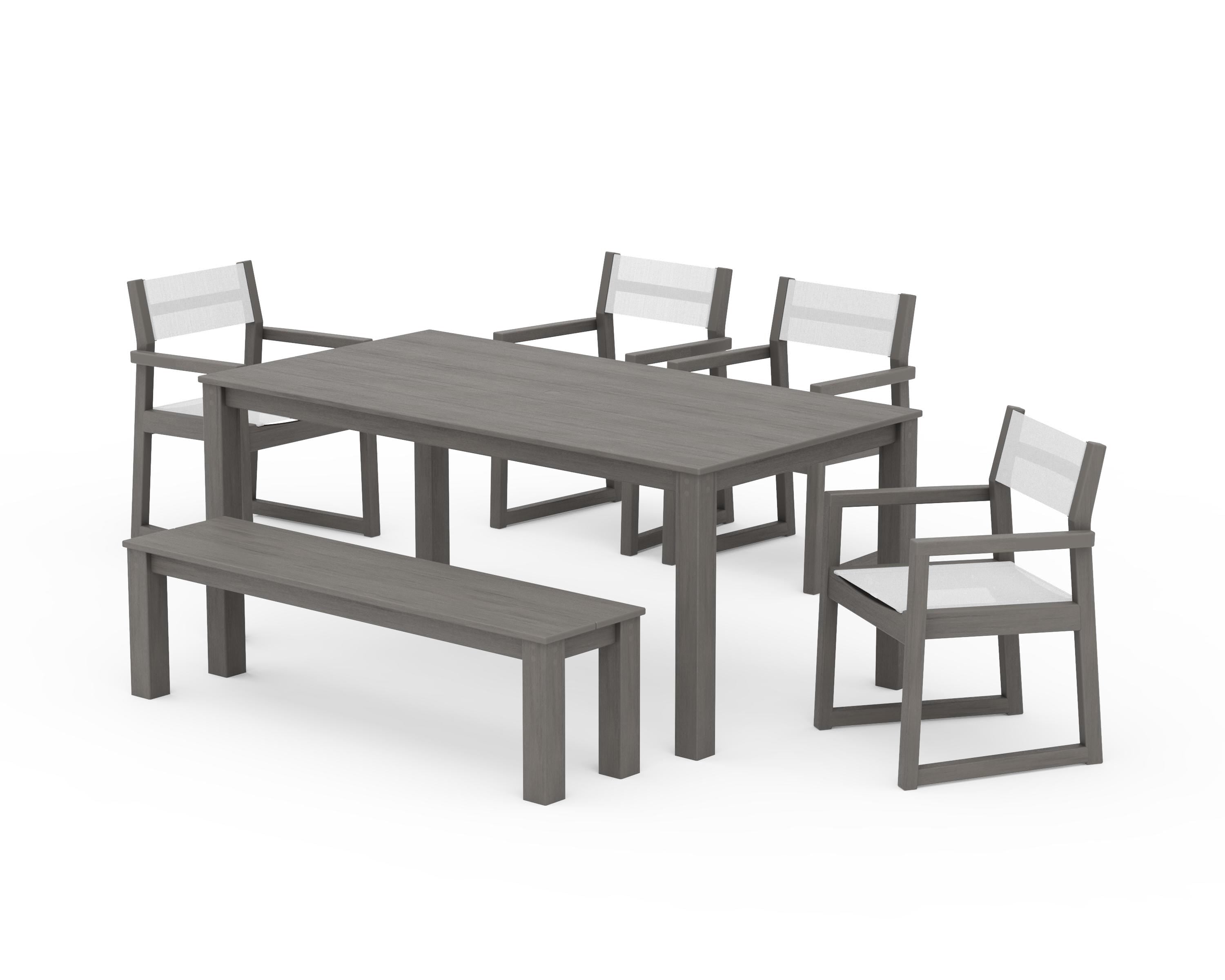 POLYWOOD EDGE Sling Arm Chair 6-Piece Parsons Dining Set with Bench in Driftwood / White Sling