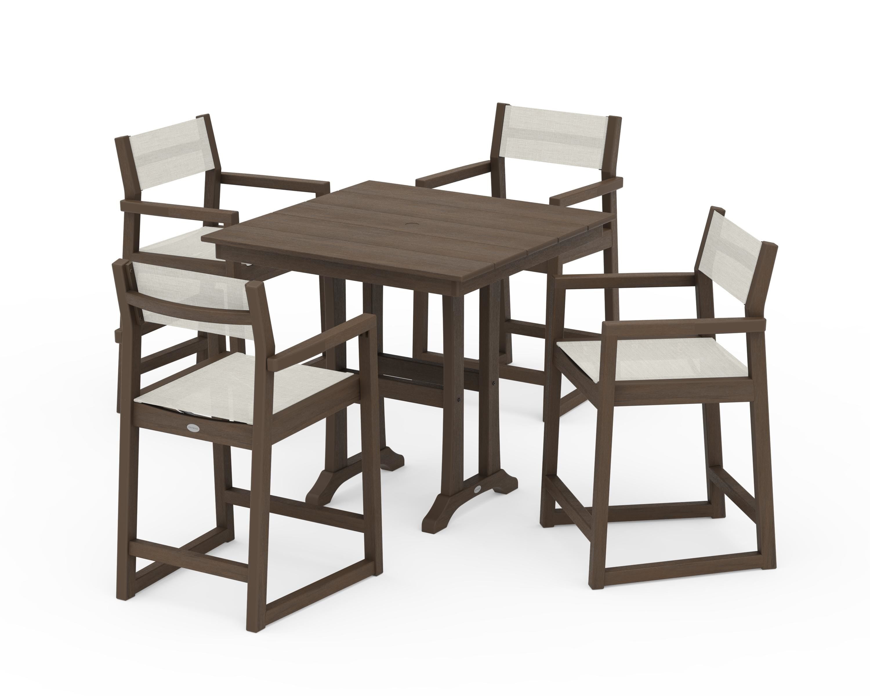 POLYWOOD EDGE Sling Arm Chair 5-Piece Farmhouse Counter Set with Trestle Legs in Kona / Parchment Sling