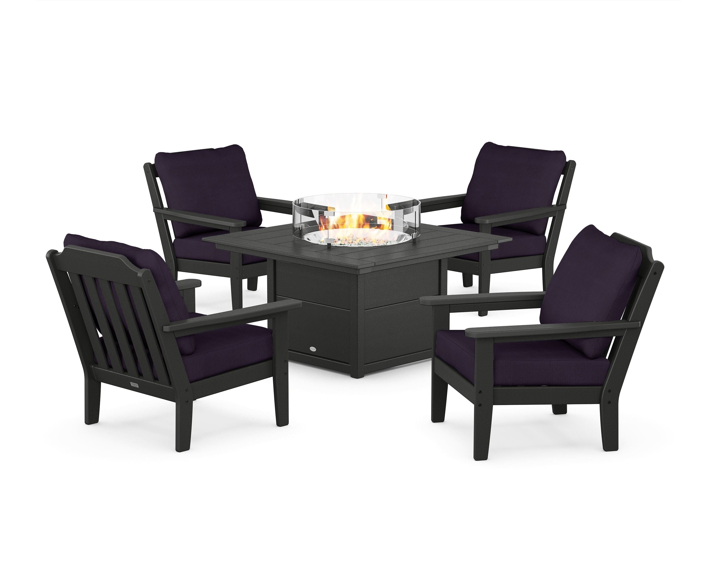 Country Living Cottage 5-Piece Deep Seating Set with Fire Pit Table in Black / Navy Linen