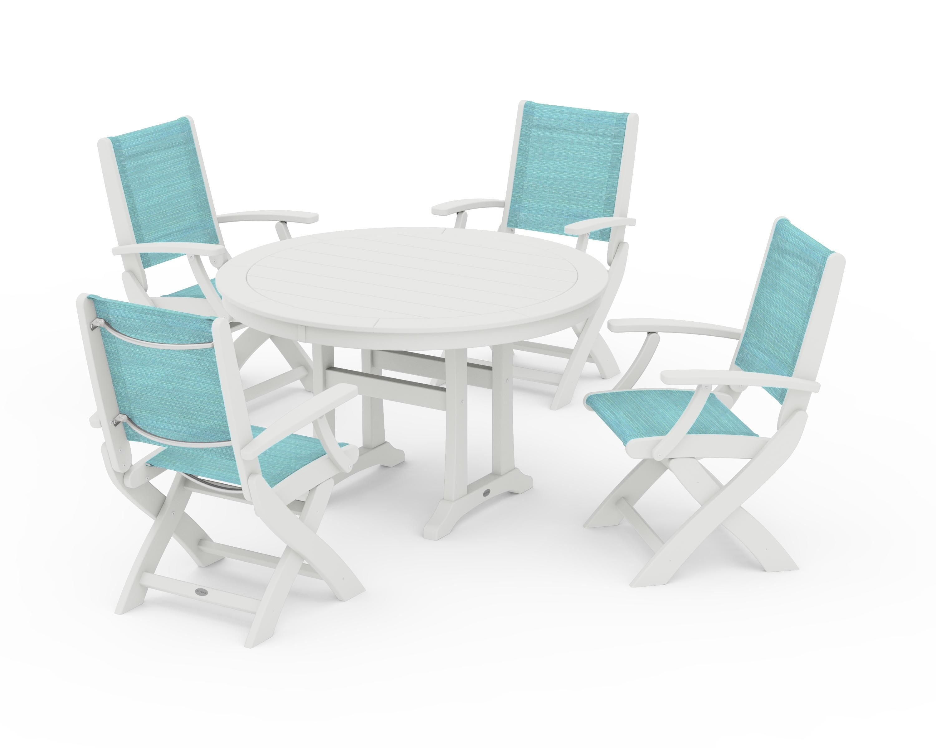 POLYWOOD Coastal Folding Chair 5-Piece Round Dining Set with Trestle Legs in Vintage White / Dupioni Aquamarine Sling
