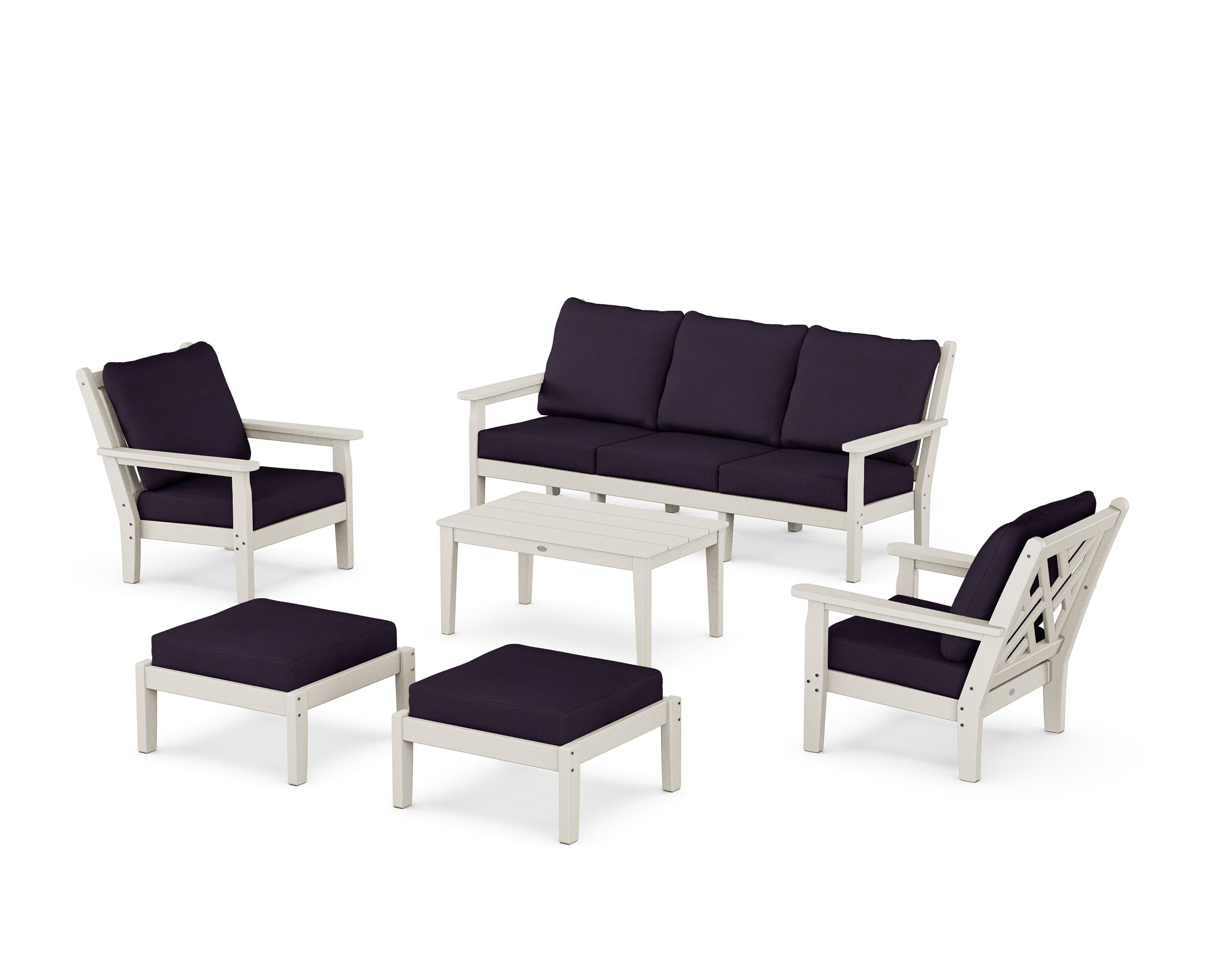 POLYWOOD Chippendale 6-Piece Lounge Sofa Set in Sand / Navy Linen