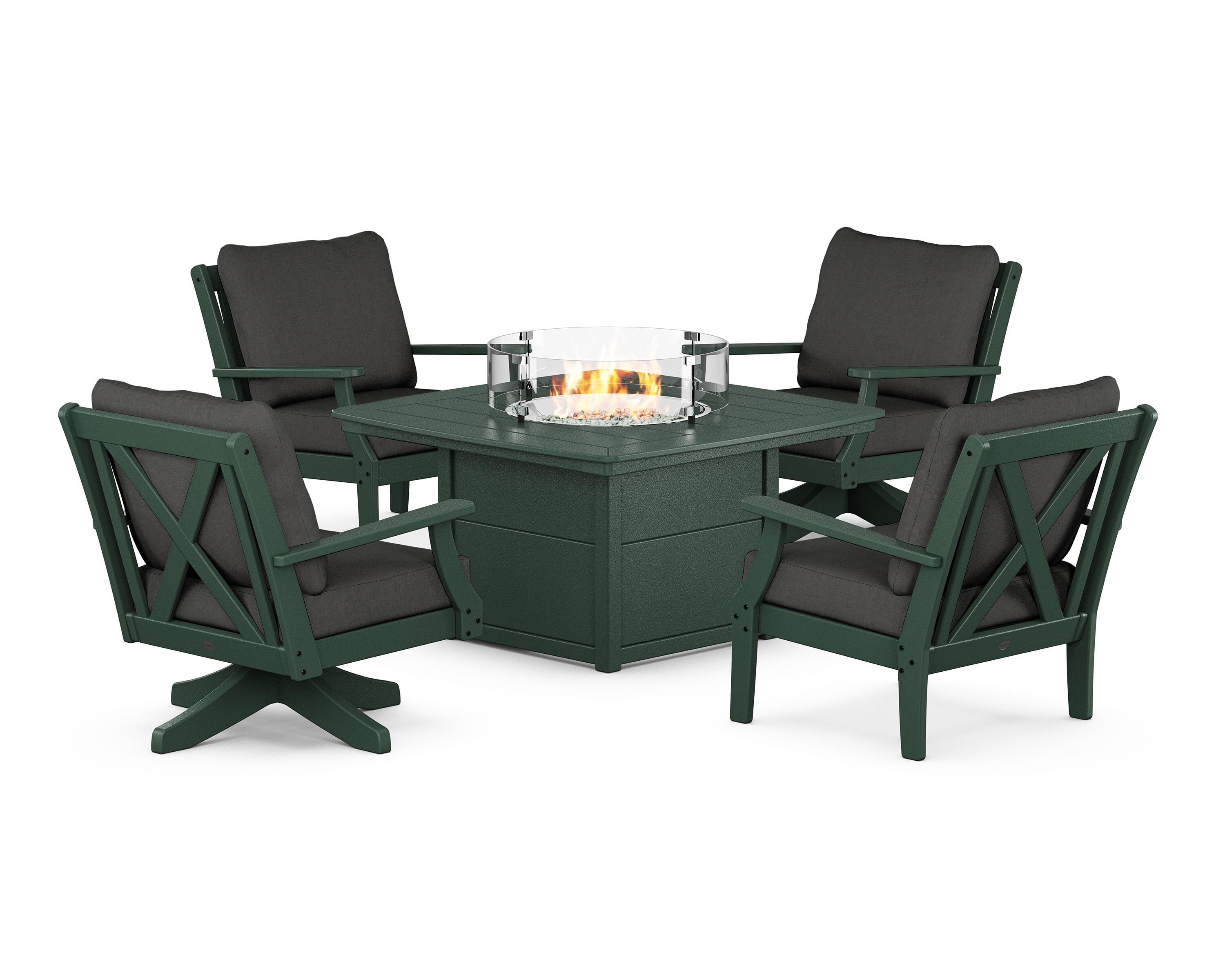 POLYWOOD Braxton 5-Piece Deep Seating Set with Fire Table in Green / Spectrum Carbon