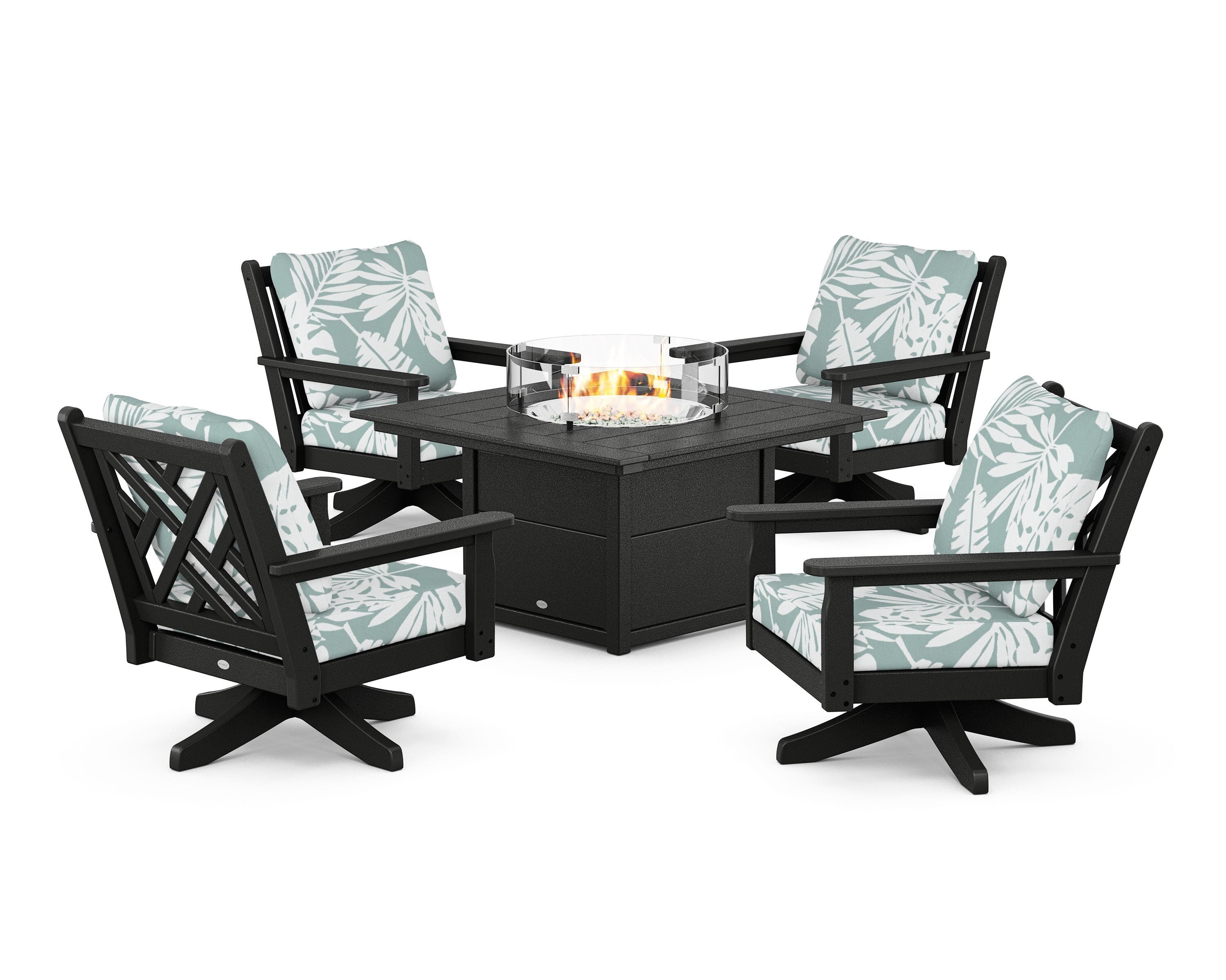 POLYWOOD Chippendale 5-Piece Deep Seating Swivel Conversation Set with Fire Pit Table in Black / Leaf Glacier Spa
