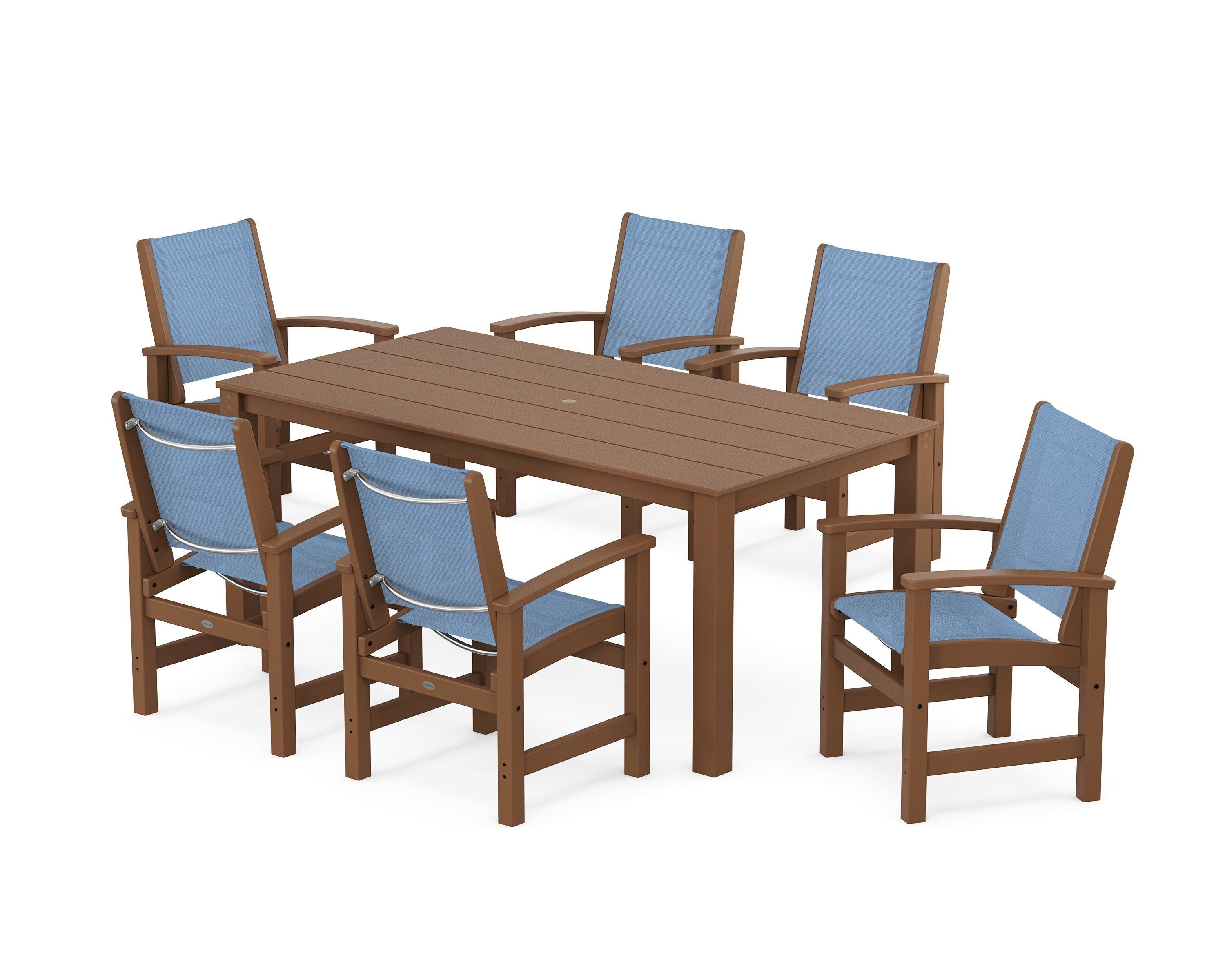 POLYWOOD Coastal 7-Piece Parsons Dining Set in Teak / Poolside Sling