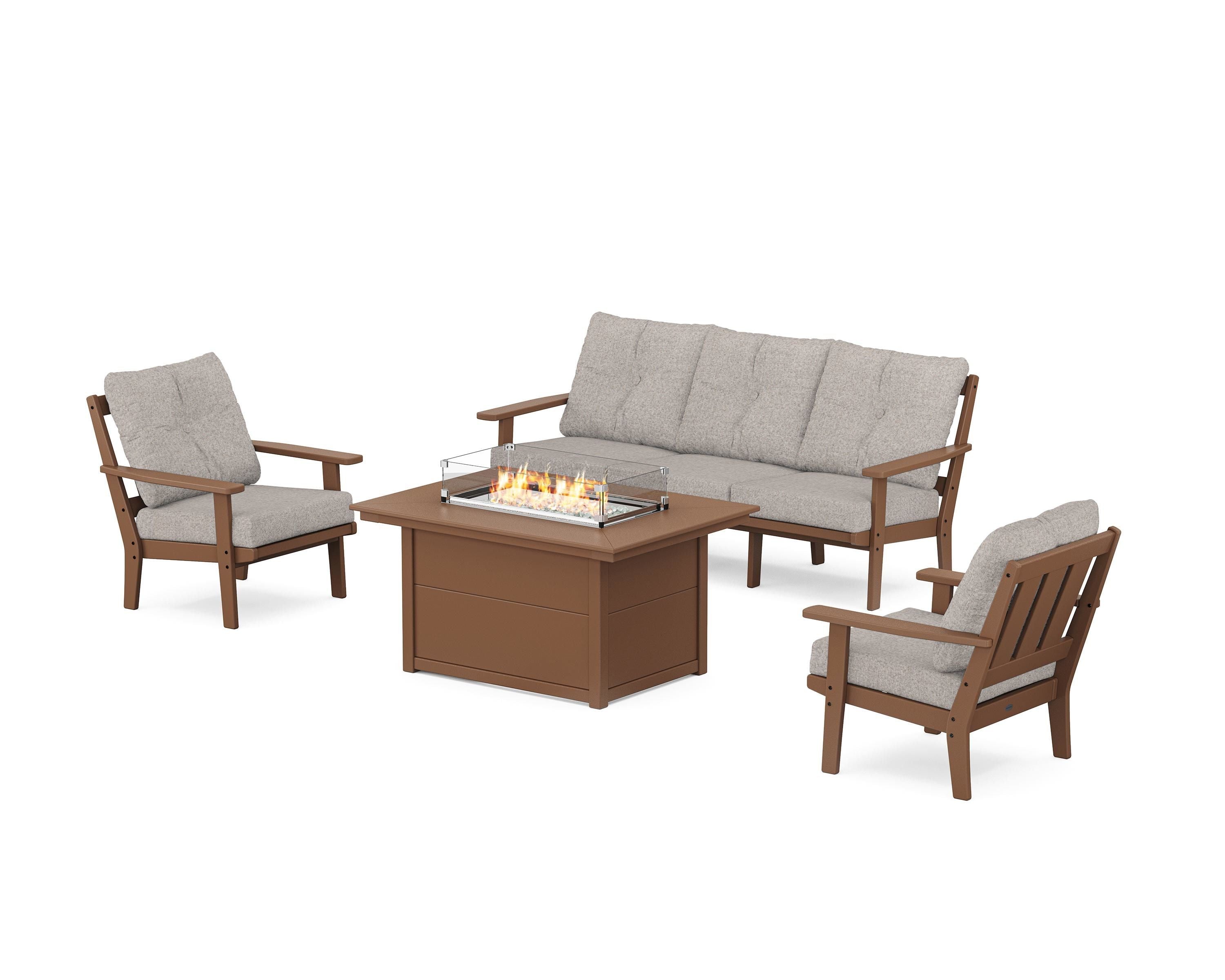 POLYWOOD Oxford Deep Seating Fire Pit Table Set in Teak / Weathered Tweed