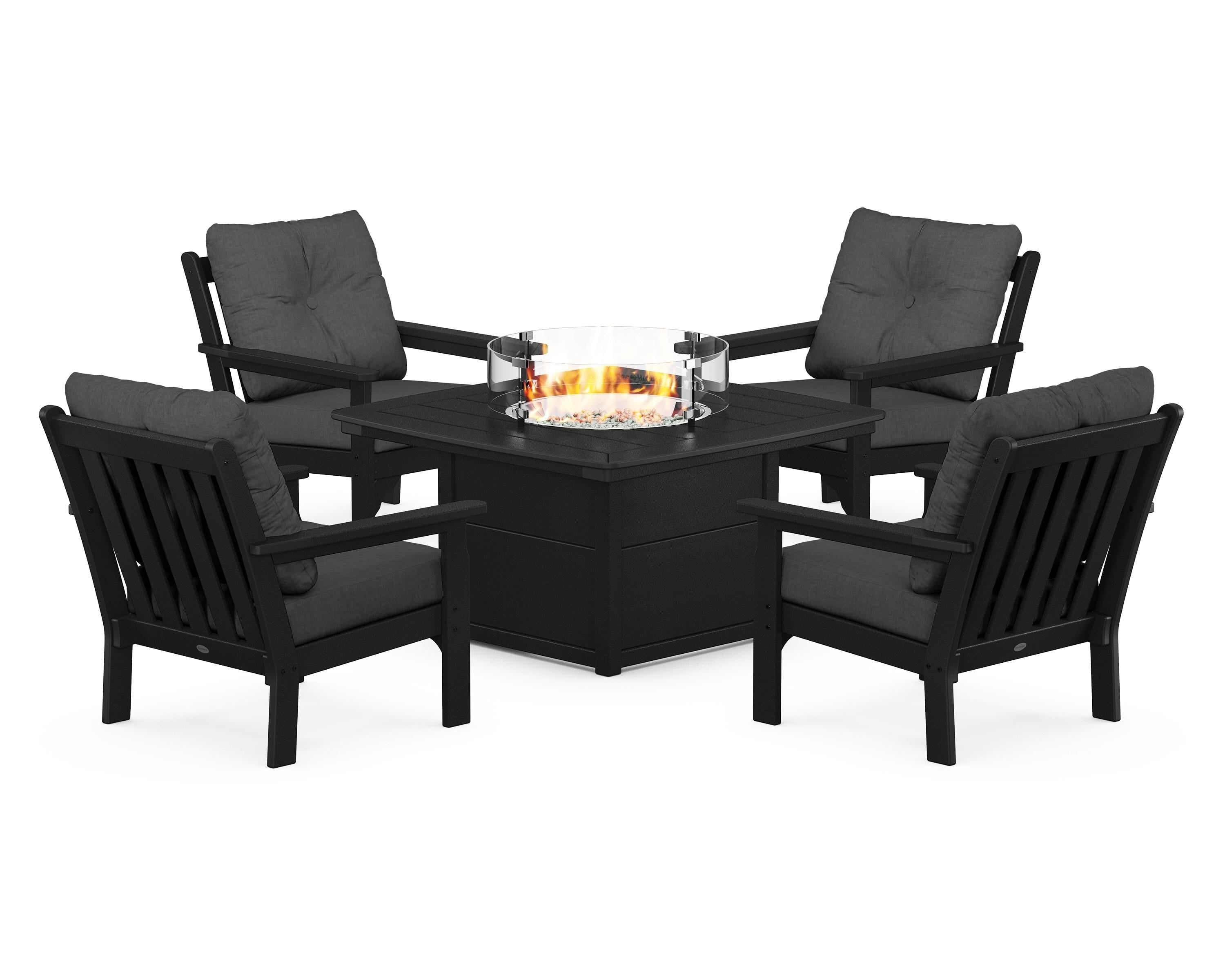 POLYWOOD Vineyard 5-Piece Conversation Set with Fire Pit Table in Black / Spectrum Carbon