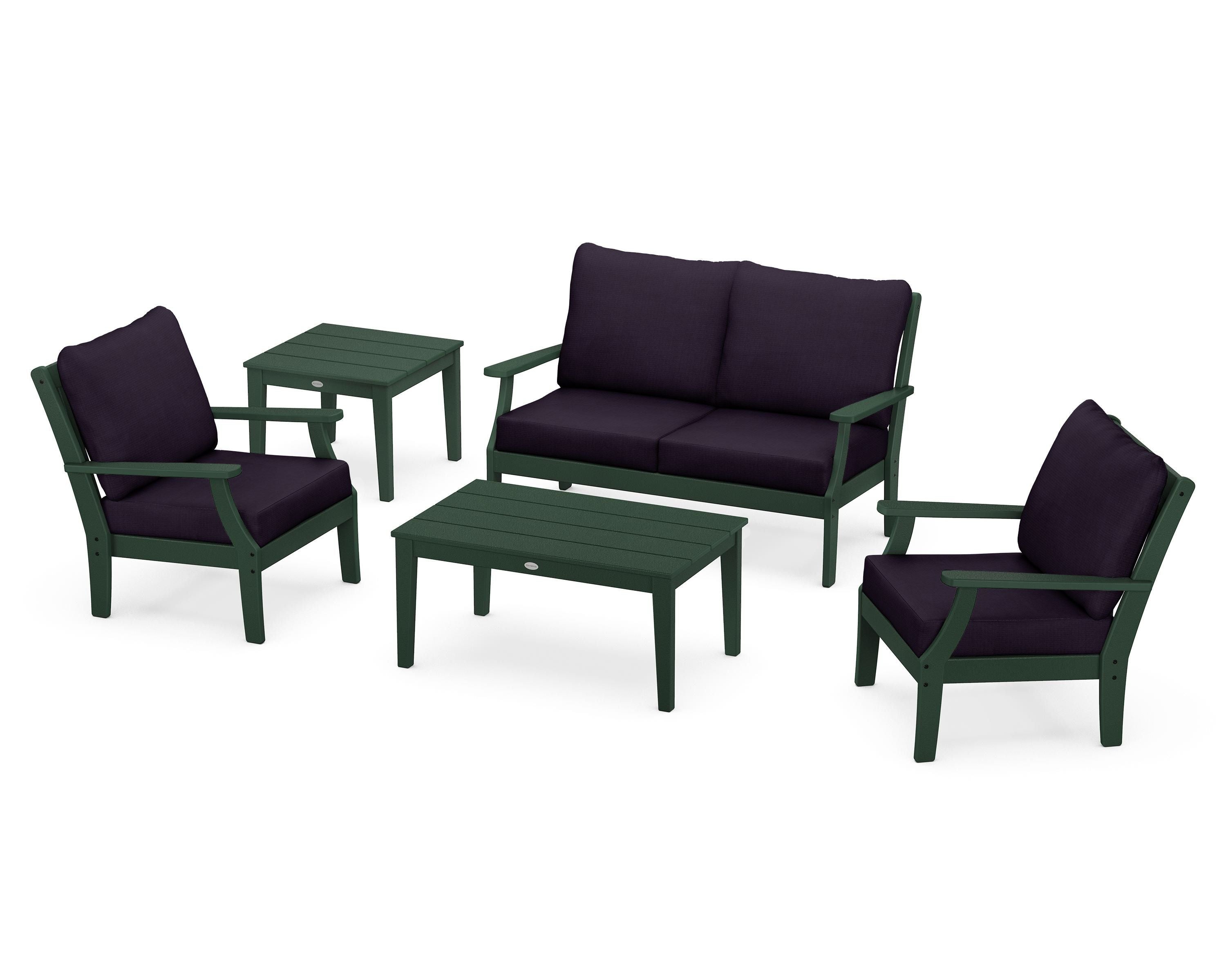 POLYWOOD Braxton 5-Piece Deep Seating Set in Green / Navy Linen