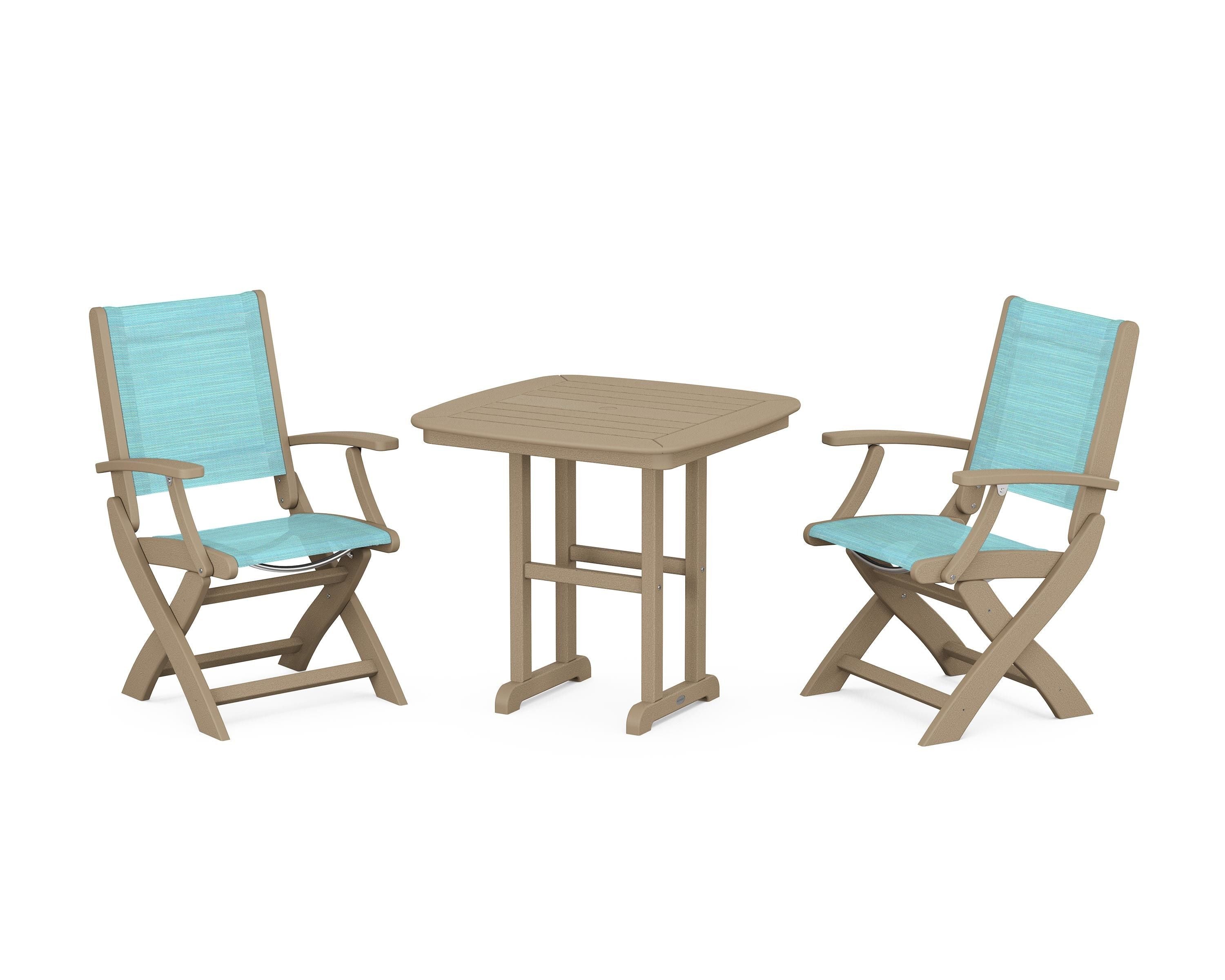 POLYWOOD Coastal Folding Chair 3-Piece Dining Set in Vintage Sahara / Dupioni Aquamarine Sling