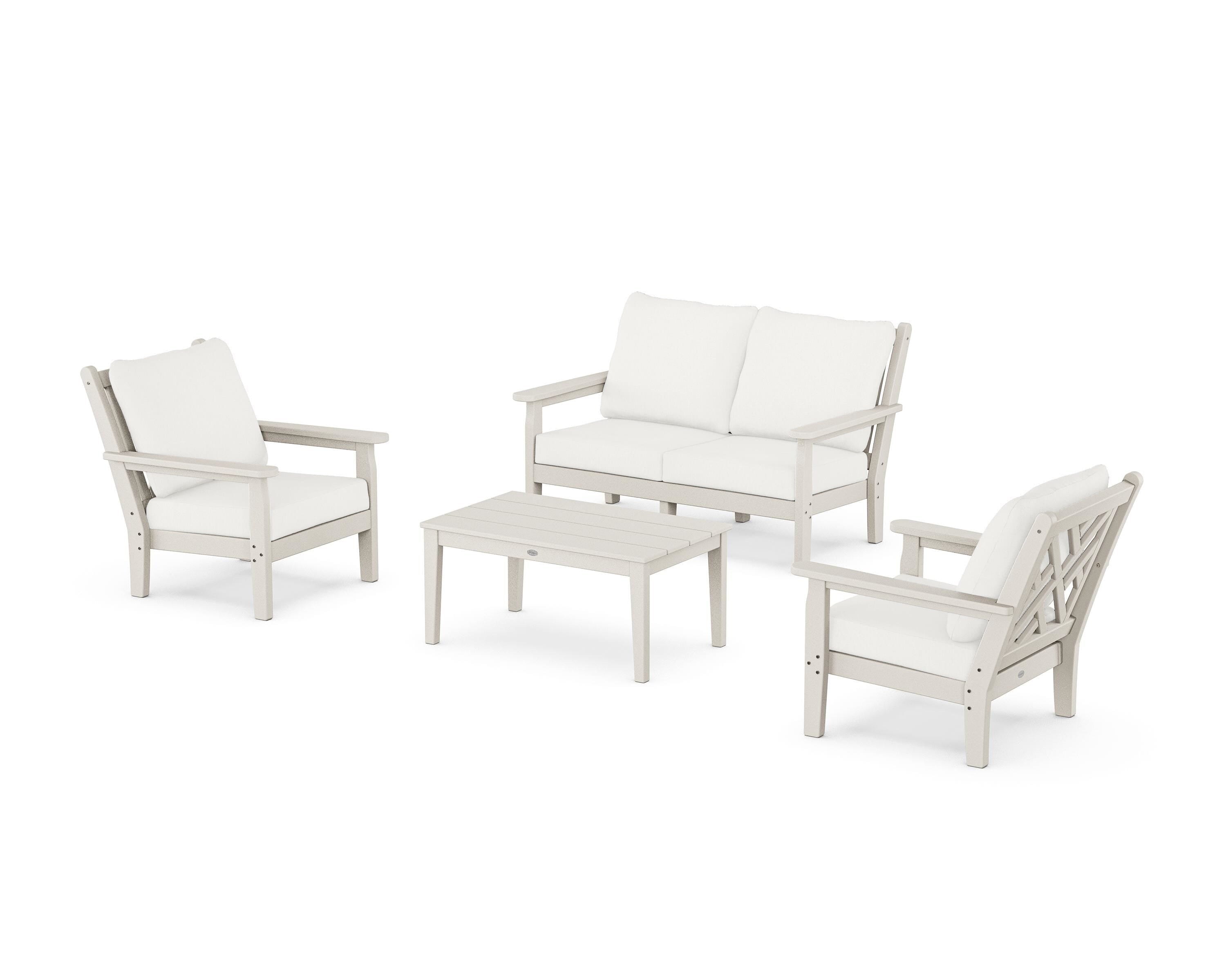 POLYWOOD Chippendale 4-Piece Deep Seating Set with Loveseat in Sand / Natural Linen