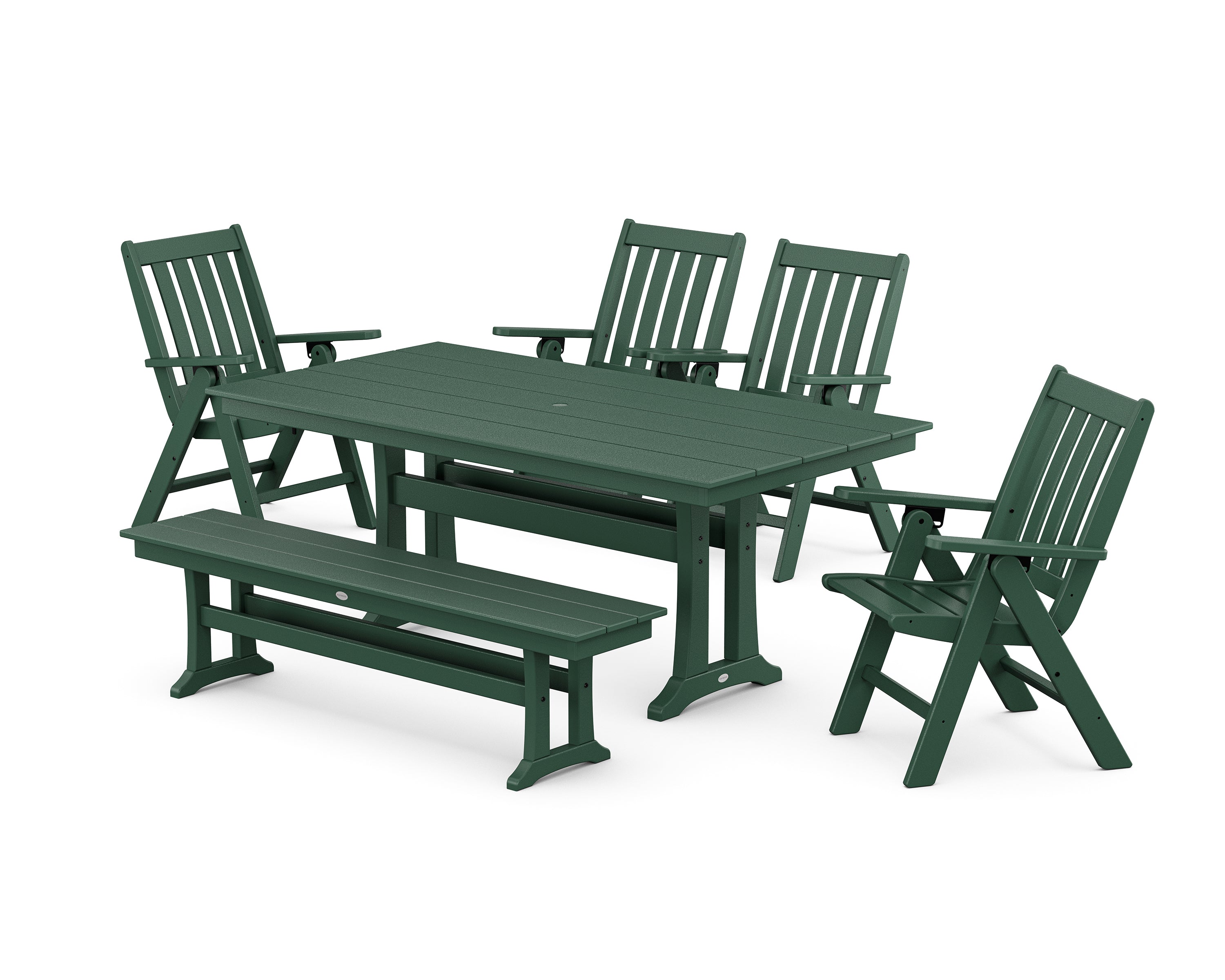 POLYWOOD Vineyard 6-Piece Folding Chair Farmhouse Dining Set with Trestle Legs and Bench in Green