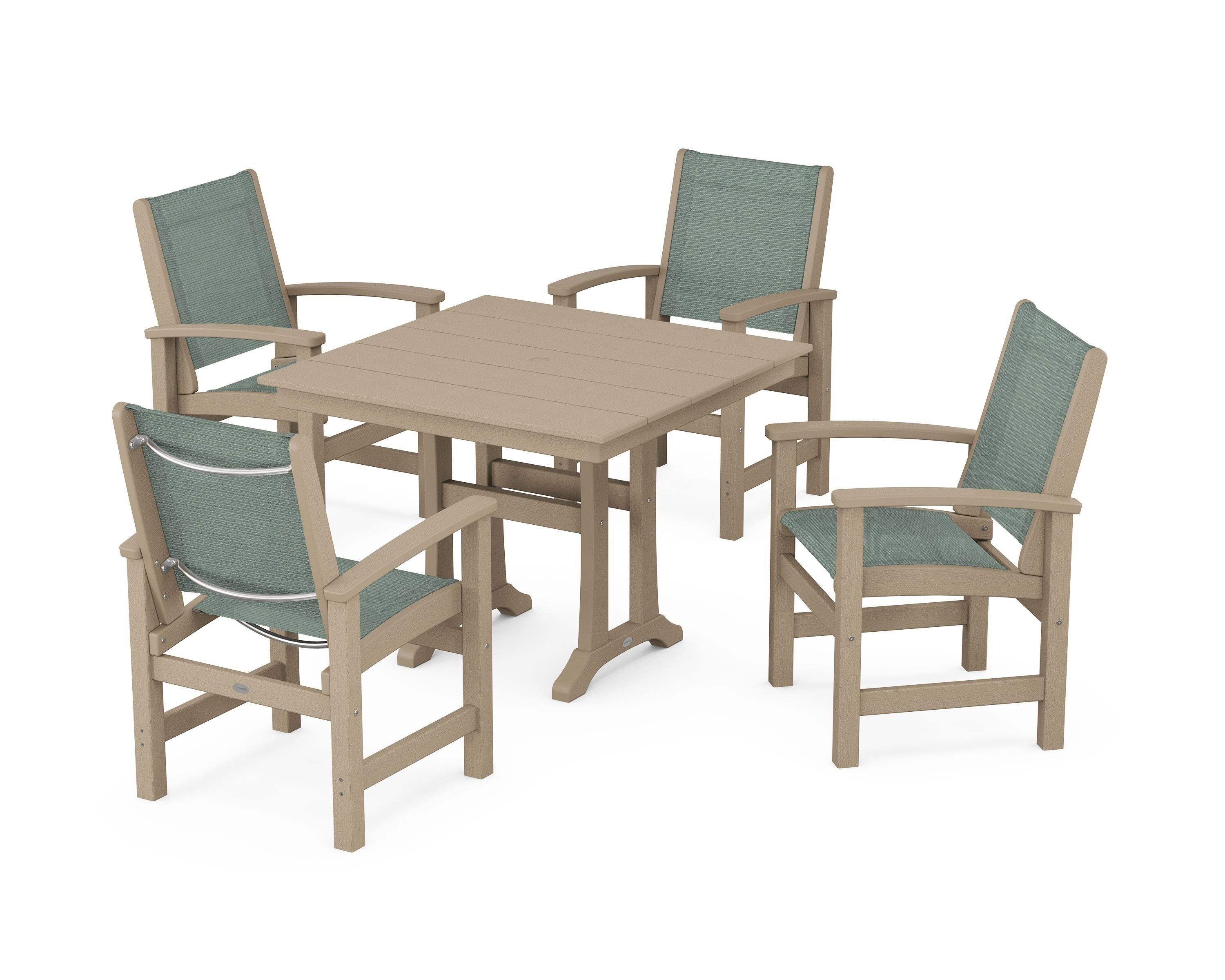 POLYWOOD Coastal 5-Piece Farmhouse Dining Set With Trestle Legs in Vintage Sahara / Dupioni Sea Mist Sling