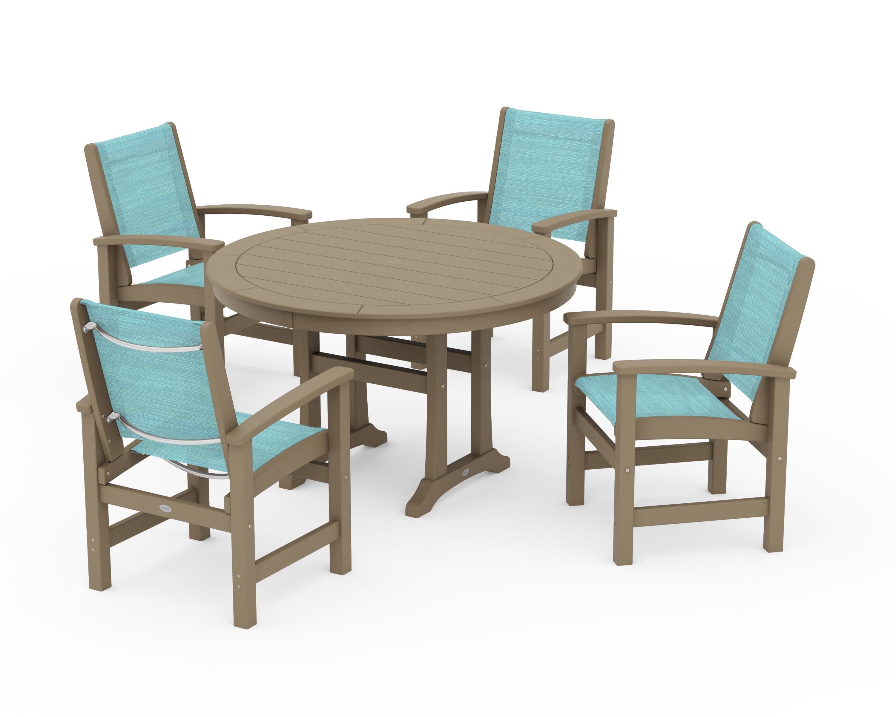 POLYWOOD Coastal 5-Piece Round Dining Set with Trestle Legs in Vintage Sahara / Dupioni Aquamarine Sling