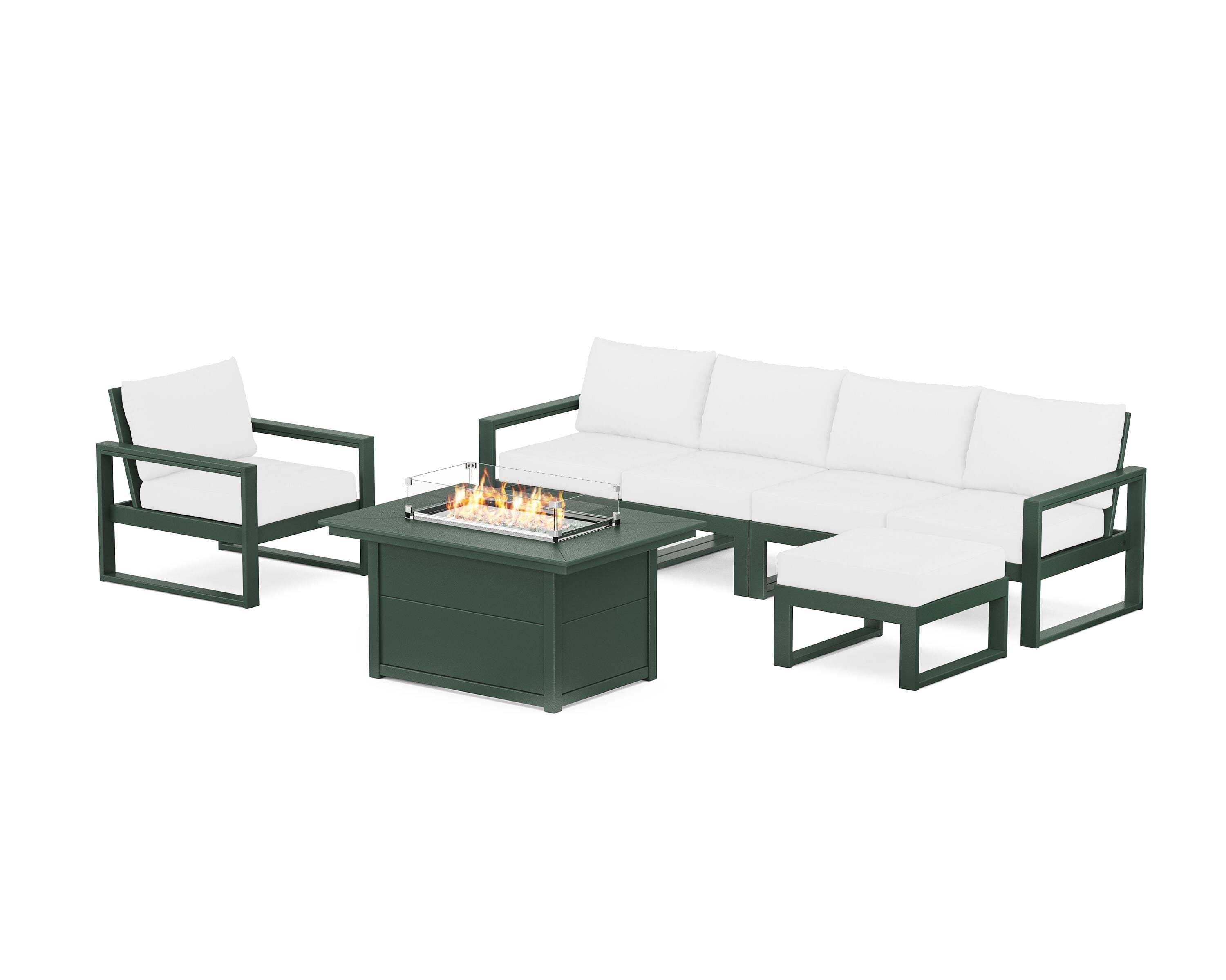 POLYWOOD EDGE Sectional Lounge and Fire Pit Set in Green / Natural