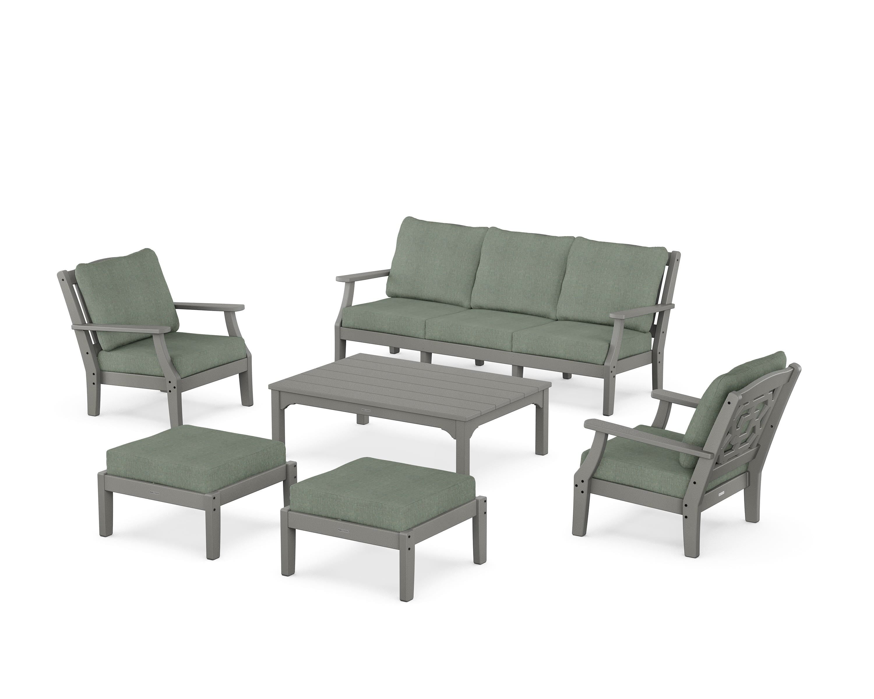 Martha Stewart by POLYWOOD Chinoiserie 6-Piece Lounge Sofa Set in Slate Grey / Cast Sage