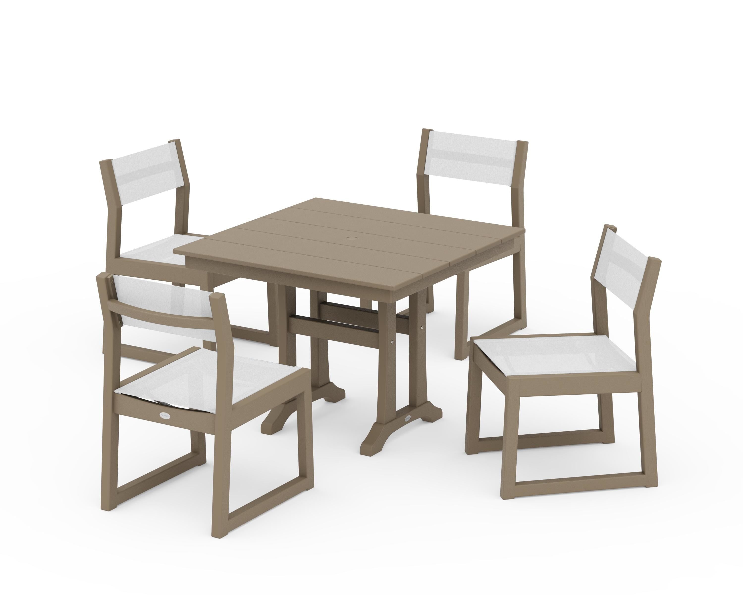 POLYWOOD EDGE Sling 5-Piece Farmhouse Trestle Side Chair Dining Set in Vintage Sahara / White Sling