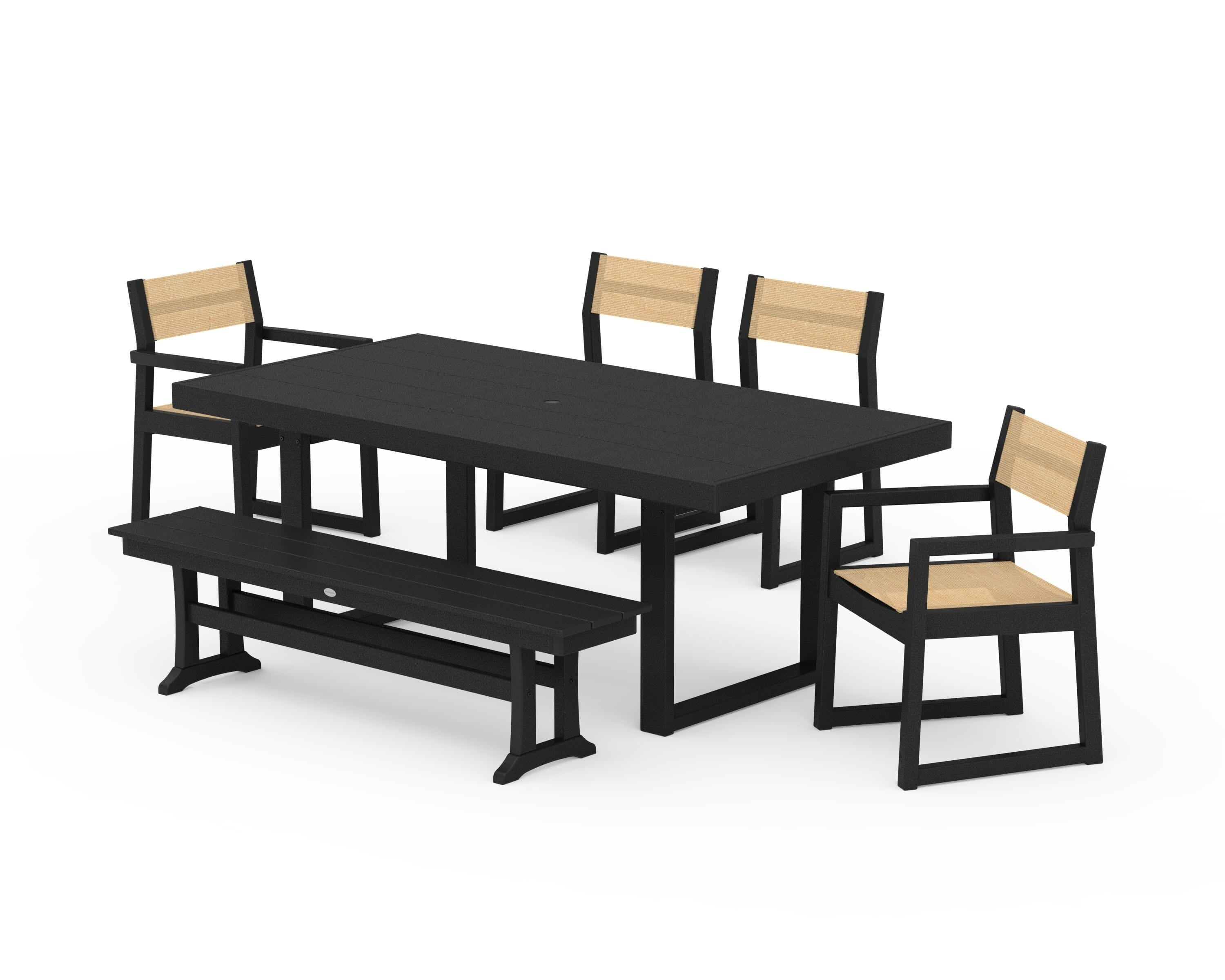 POLYWOOD EDGE Sling 6-Piece Dining Set with Bench in Black / Dupioni Apricot Sling