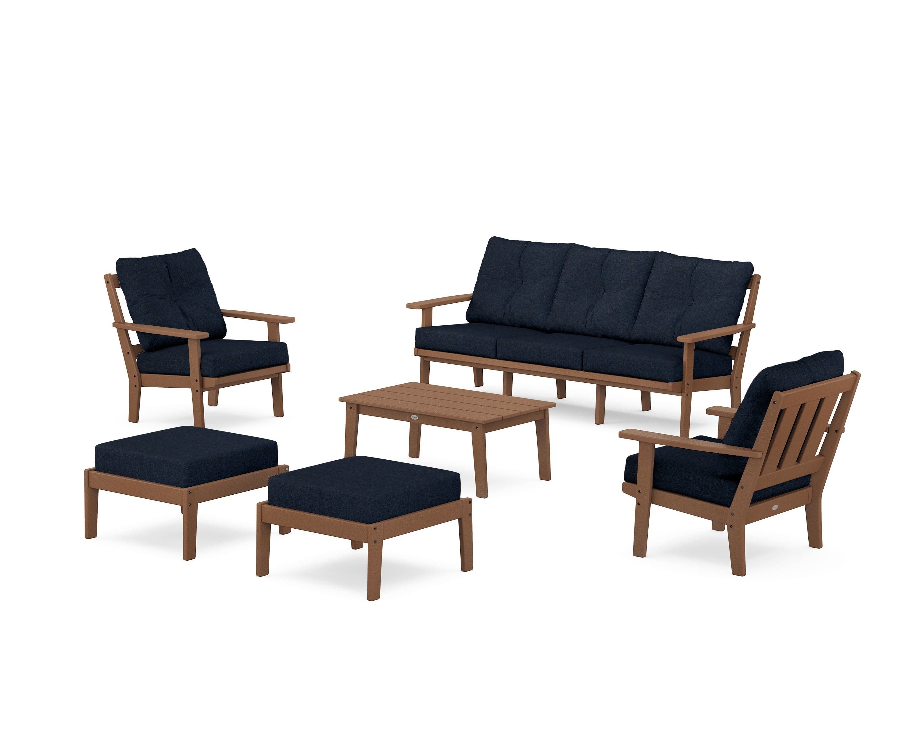 POLYWOOD Oxford 6-Piece Lounge Sofa Set in Teak / Marine Indigo