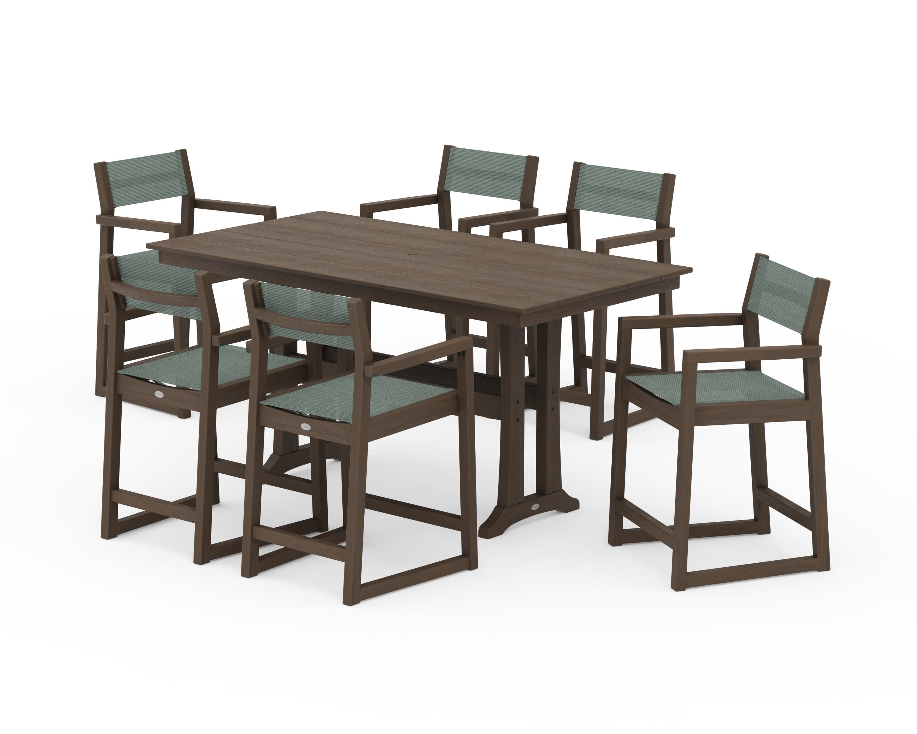 POLYWOOD EDGE Sling Arm Chair 7-Piece Farmhouse Counter Set with Trestle Legs in Kona / Dupioni Sea Mist Sling