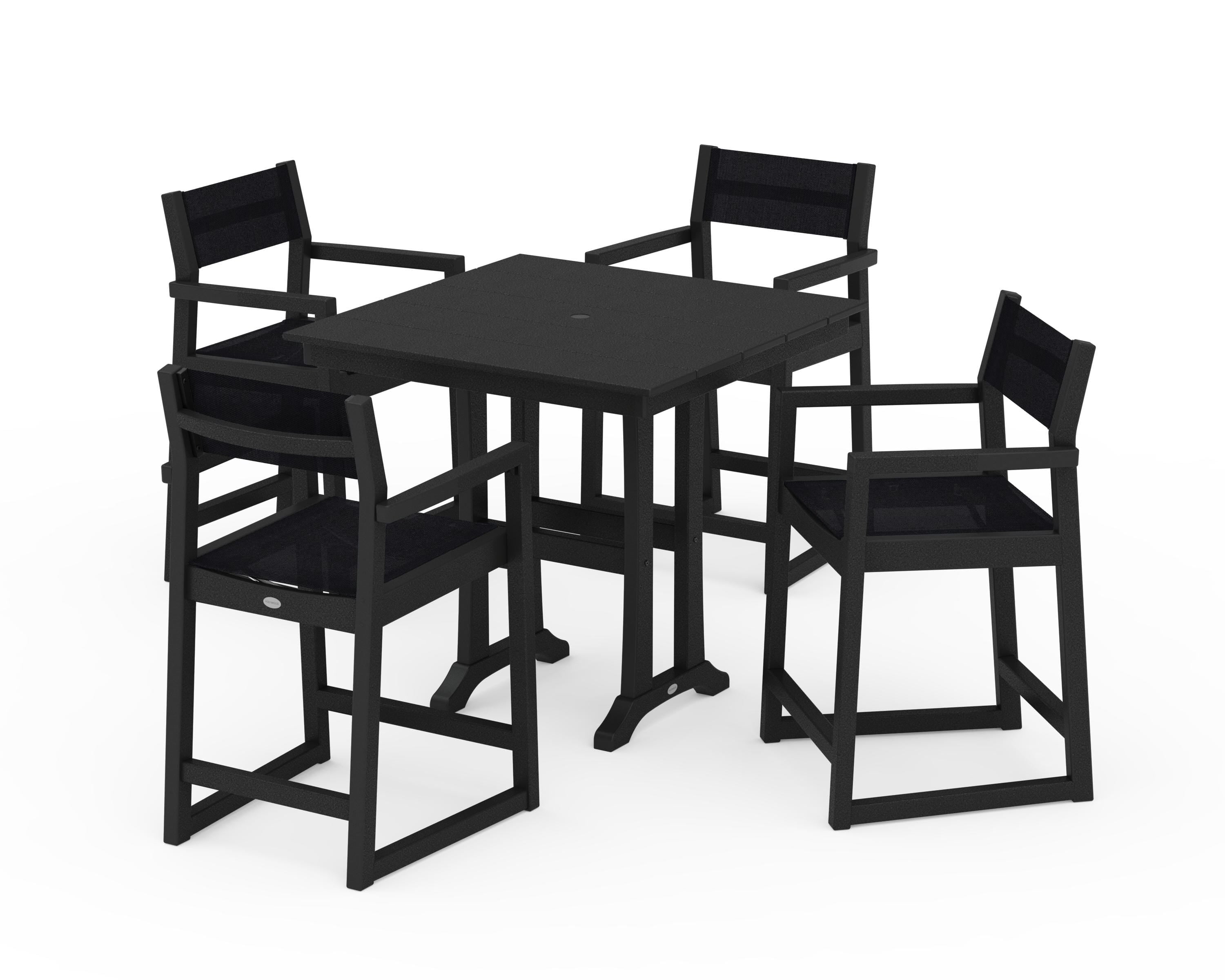 POLYWOOD EDGE Sling Arm Chair 5-Piece Farmhouse Counter Set with Trestle Legs in Black / Black Sling