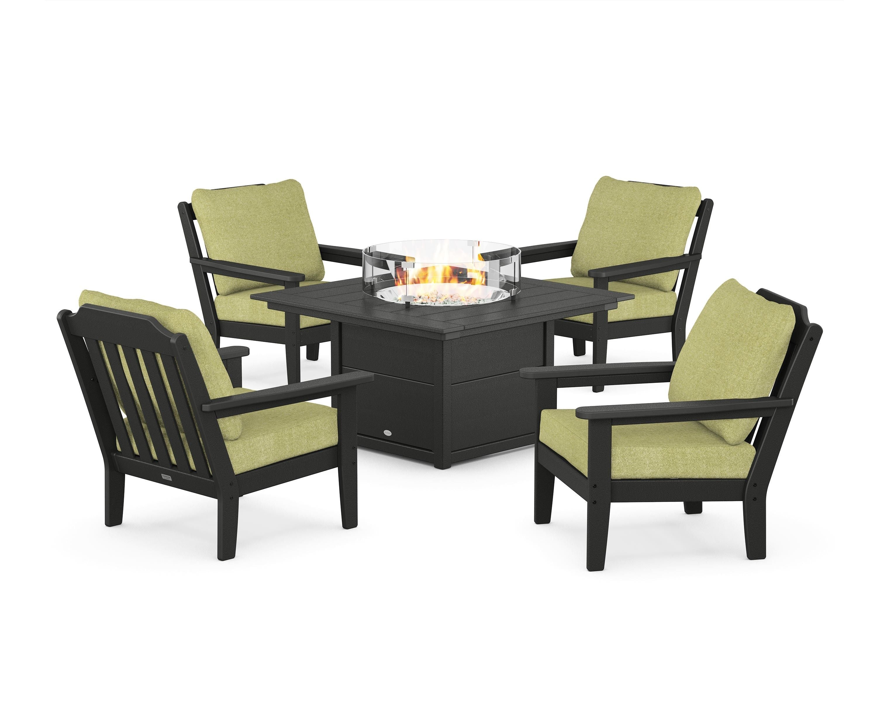 Country Living Cottage 5-Piece Deep Seating Set with Fire Pit Table in Black / Chartreuse Boucle