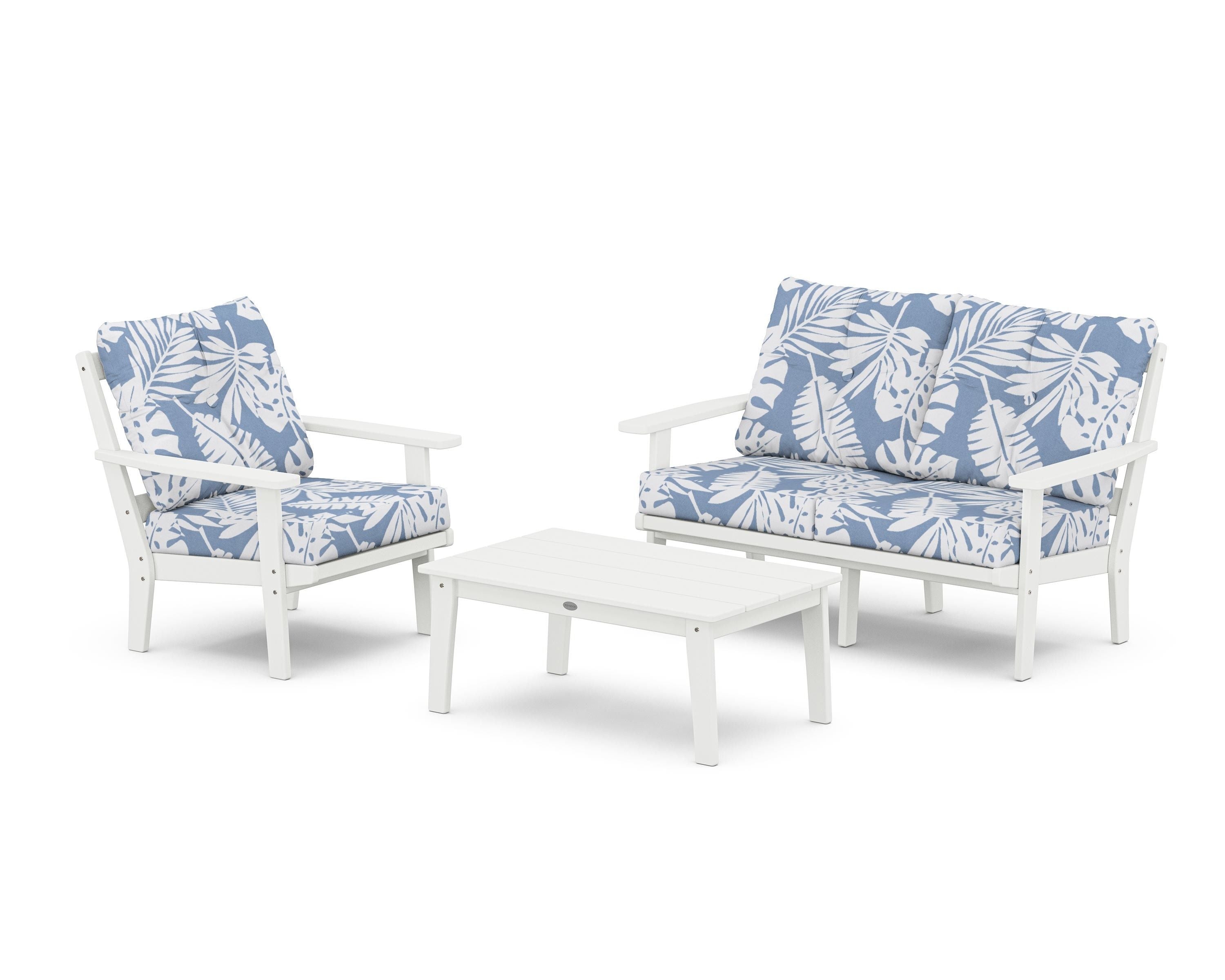 POLYWOOD Prairie 3-Piece Deep Seating Set with Loveseat in White / Leaf Sky Blue