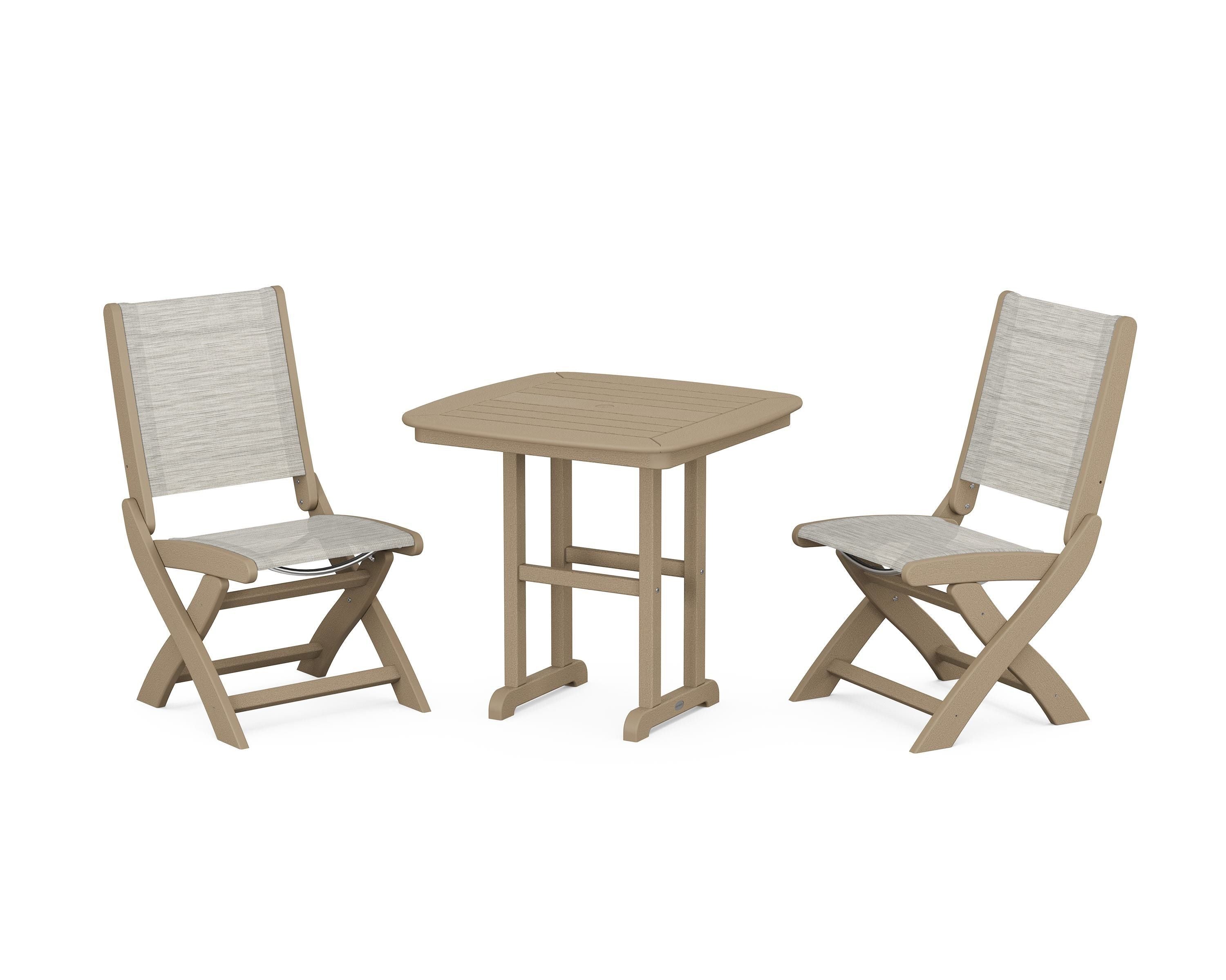 POLYWOOD Coastal Folding Side Chair 3-Piece Dining Set in Vintage Sahara / Birch Sling