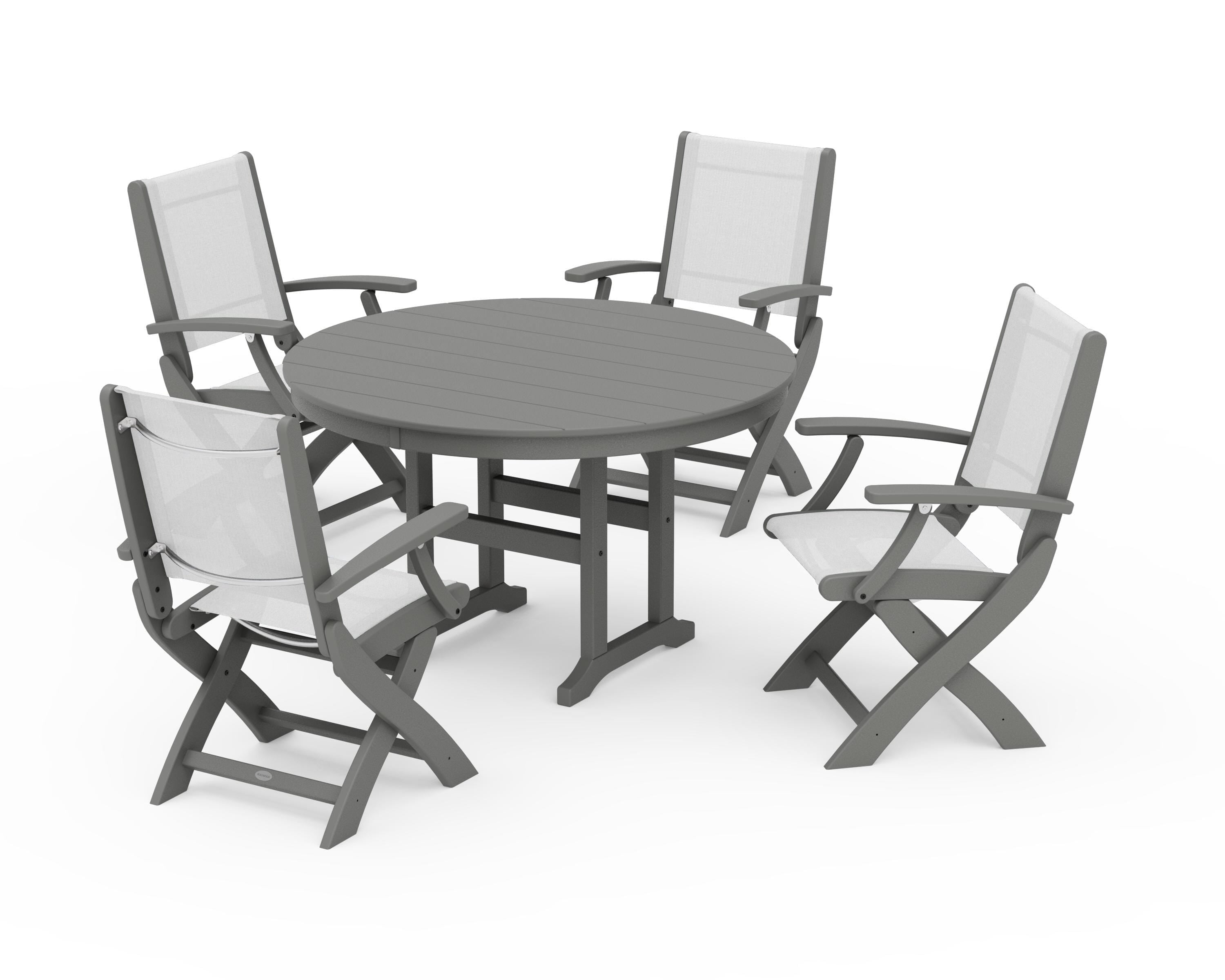 POLYWOOD Coastal Folding Chair 5-Piece Round Dining Set in Slate Grey / White Sling