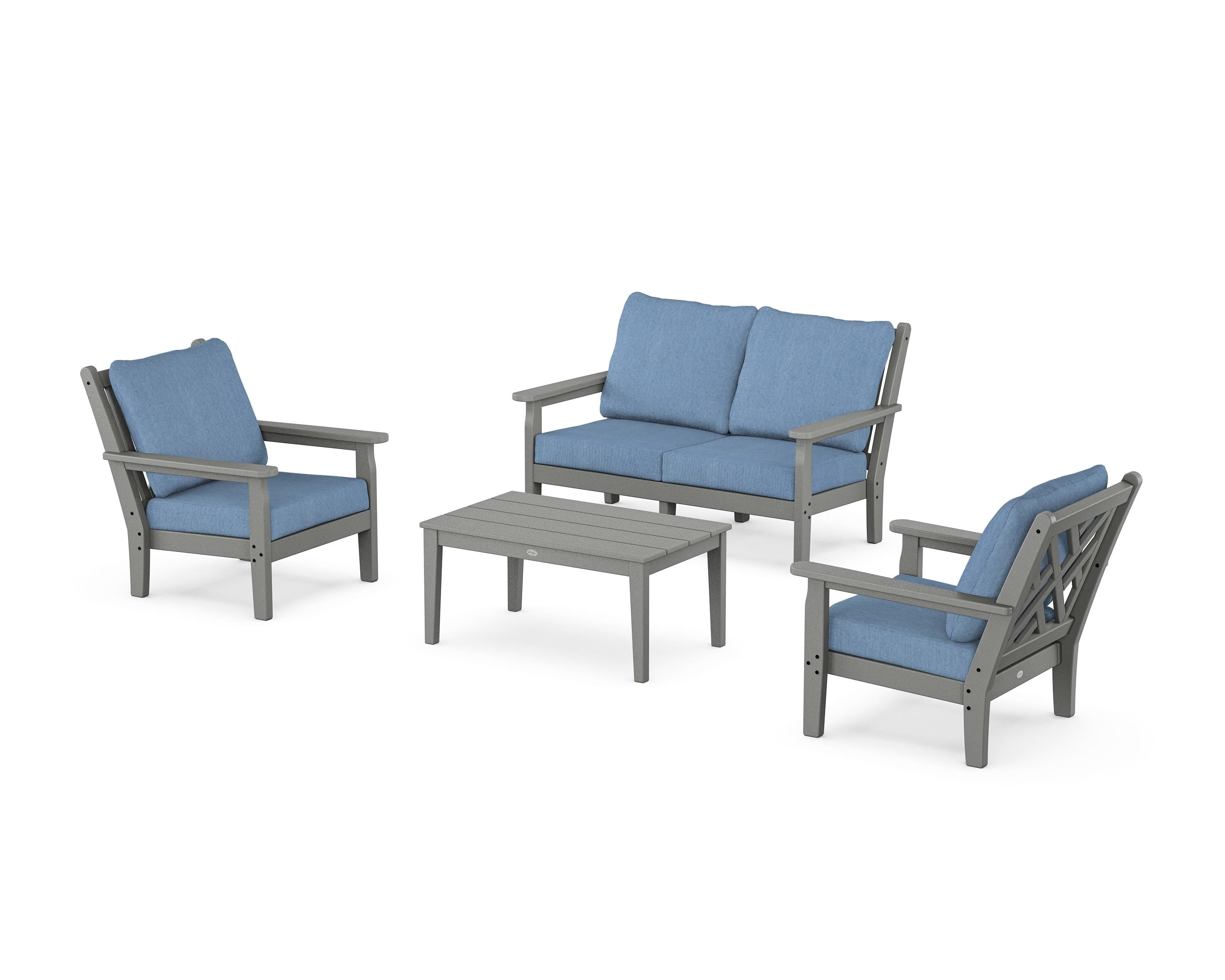 POLYWOOD Chippendale 4-Piece Deep Seating Set with Loveseat in Slate Grey / Sky Blue