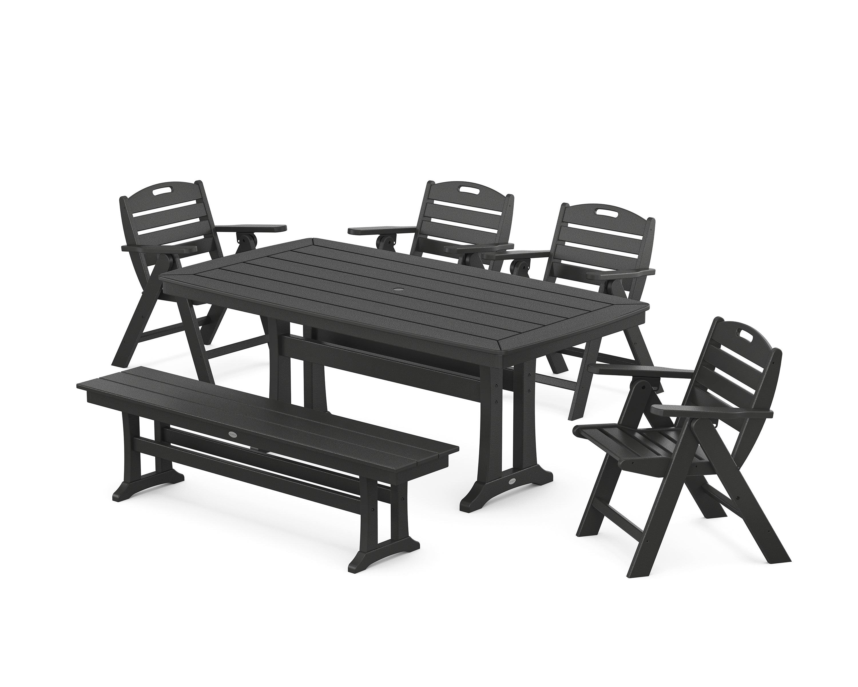 POLYWOOD Nautical Lowback 6-Piece Dining Set with Trestle Legs and Bench in Black