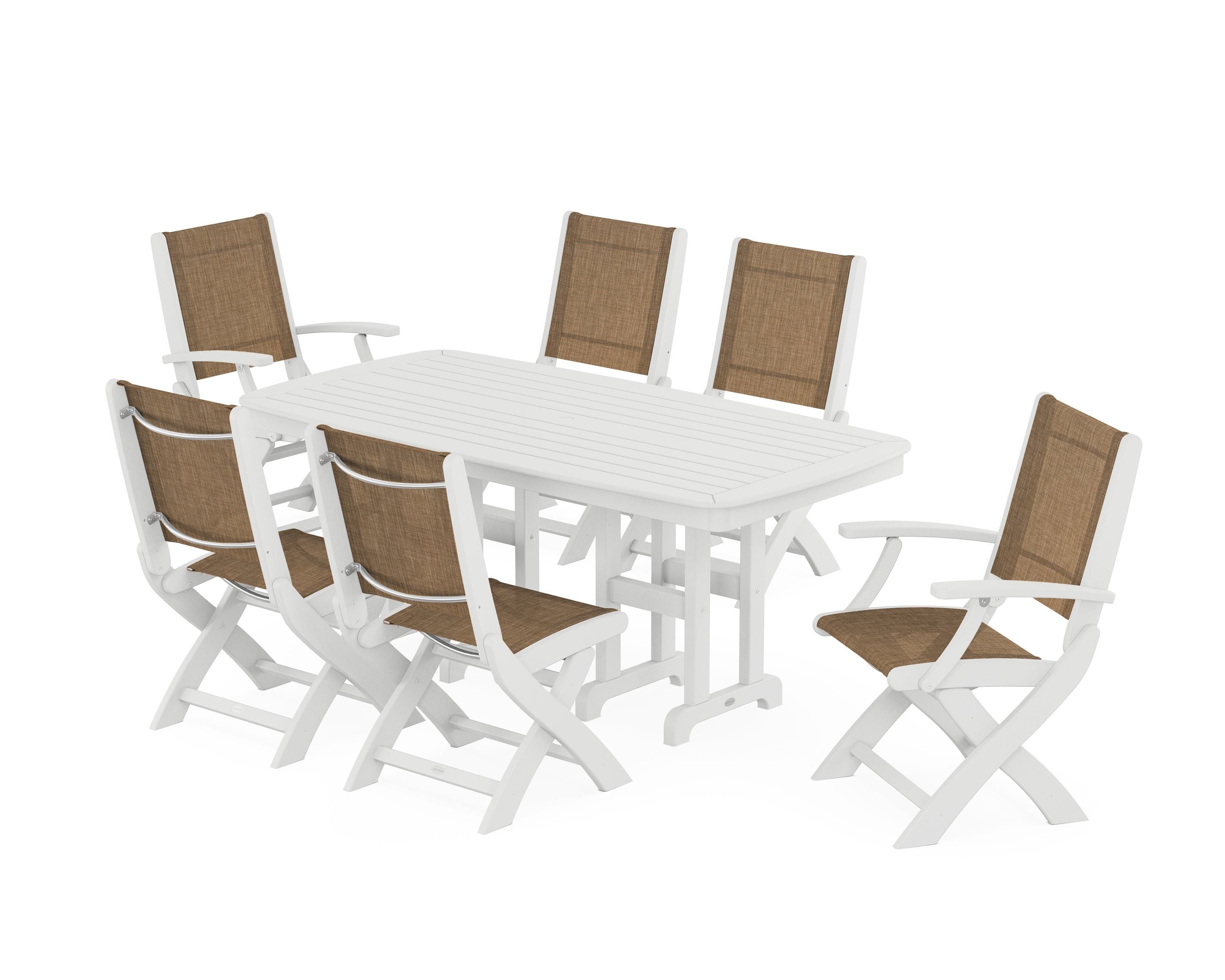 POLYWOOD Coastal Folding Chair 7-Piece Dining Set in White / Burlap Sling