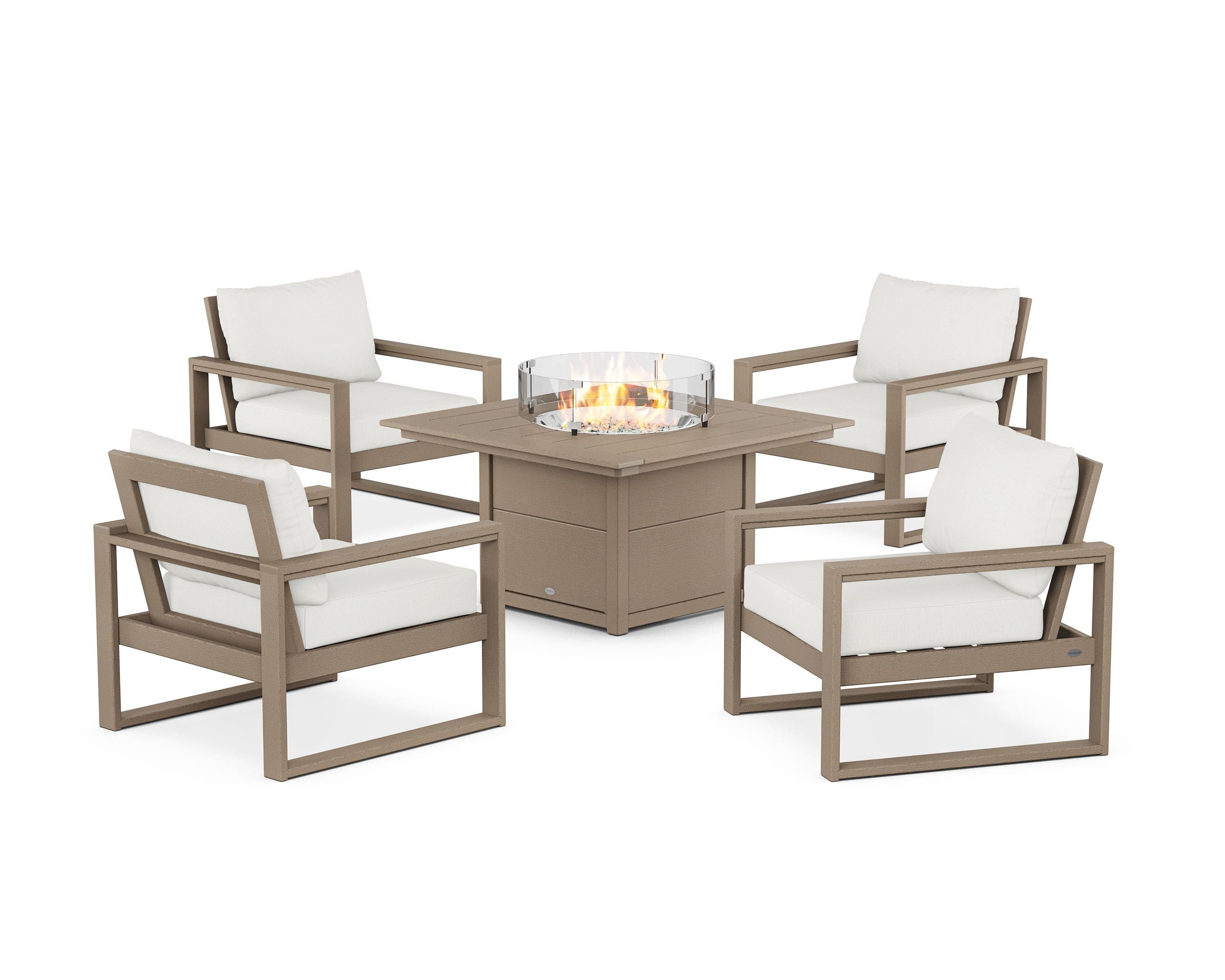 POLYWOOD EDGE Sectional 5-Piece Deep Seating Set with Fire Pit Table in Vintage Sahara / Natural Linen