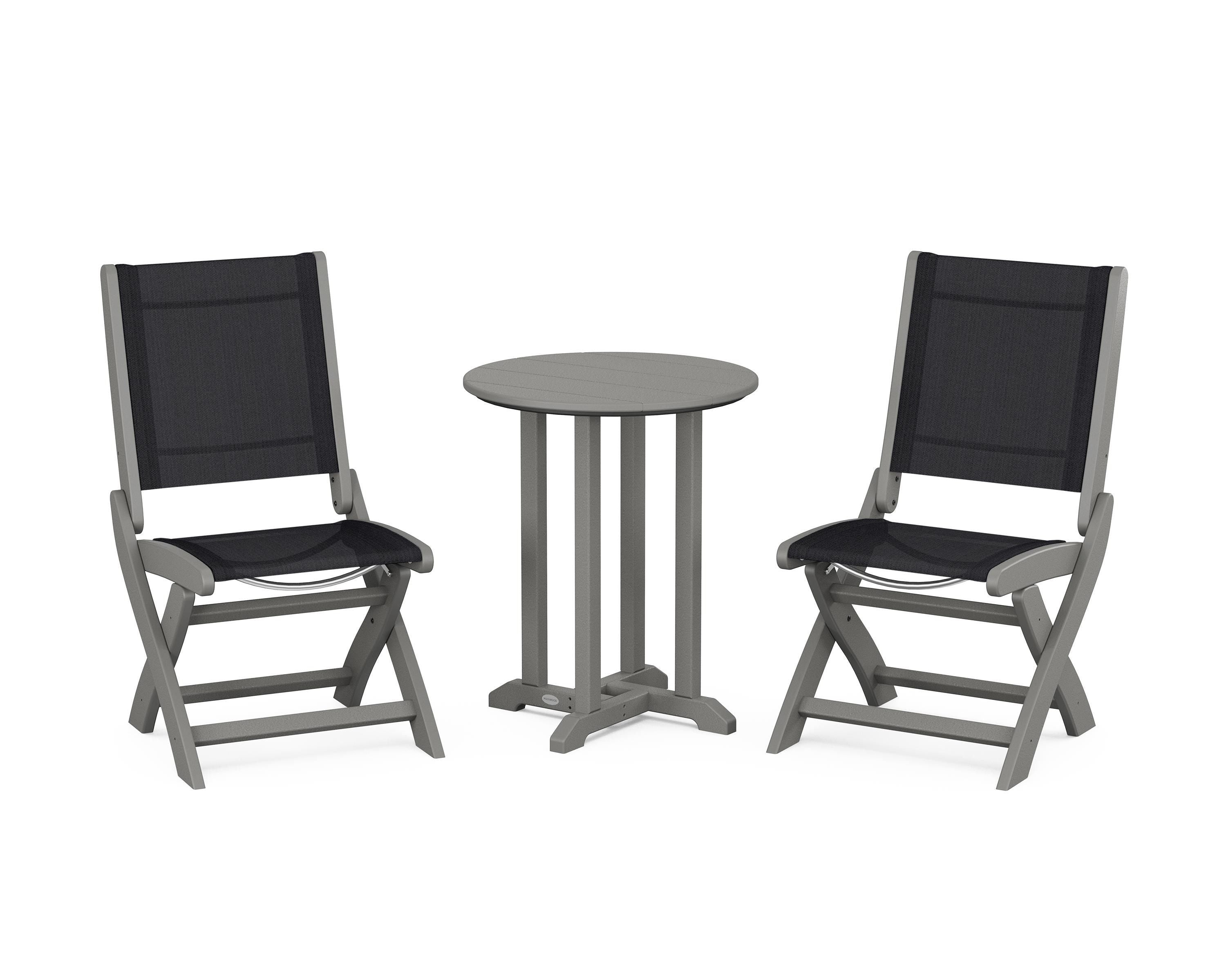 POLYWOOD Coastal Folding Side Chair 3-Piece Round Bistro Dining Set in Slate Grey / Black Sling