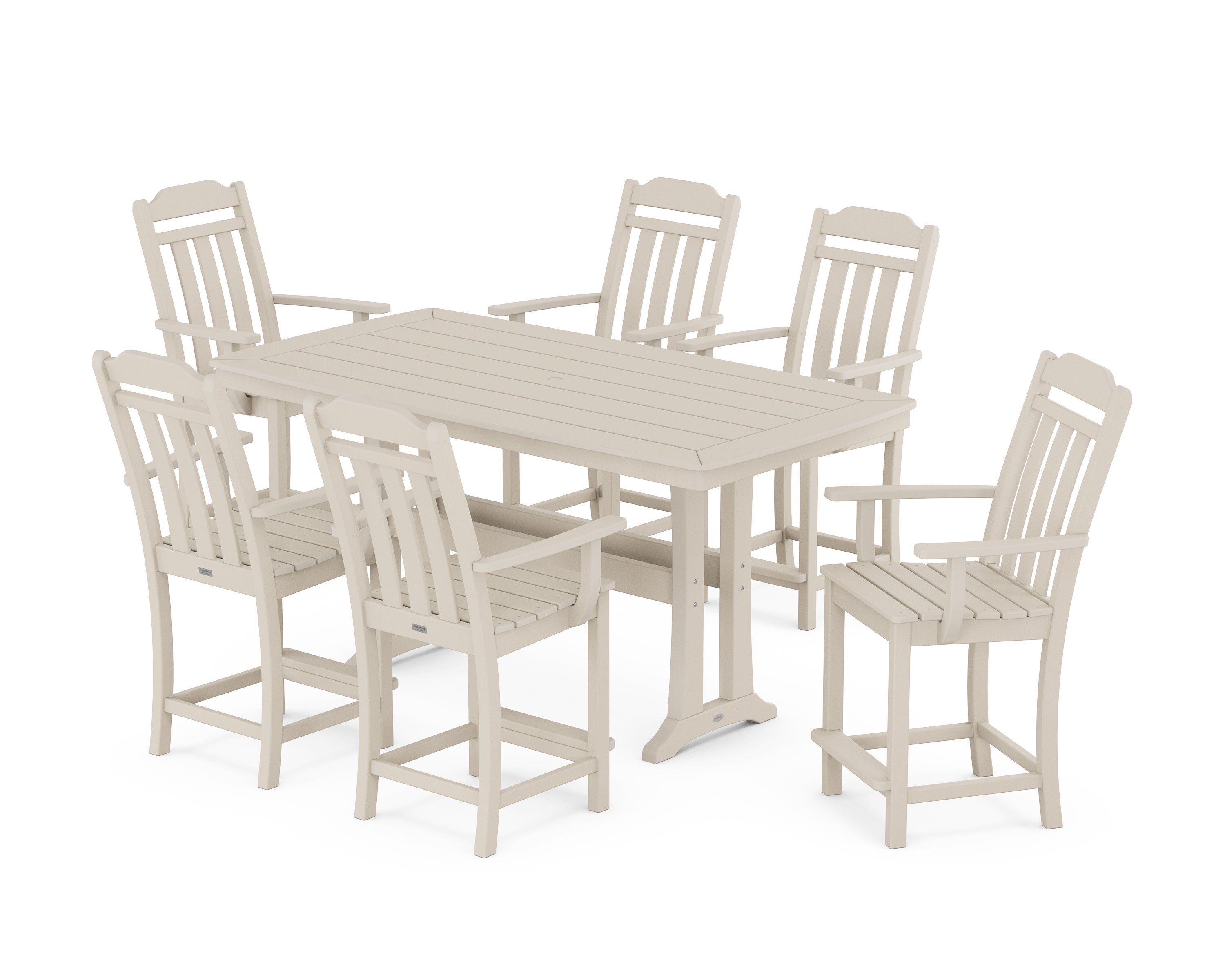 POLYWOOD Country Living Arm Chair 7-Piece Counter Set with Trestle Legs in Sand