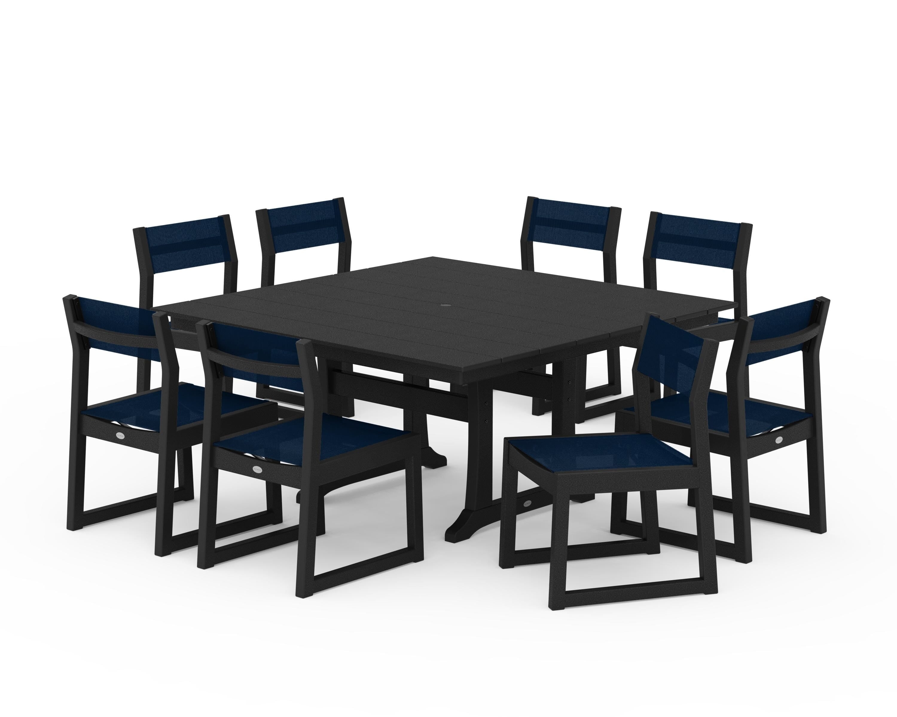 POLYWOOD EDGE Sling Side Chair 9-Piece Farmhouse Trestle Dining Set in Black / Navy Blue Sling