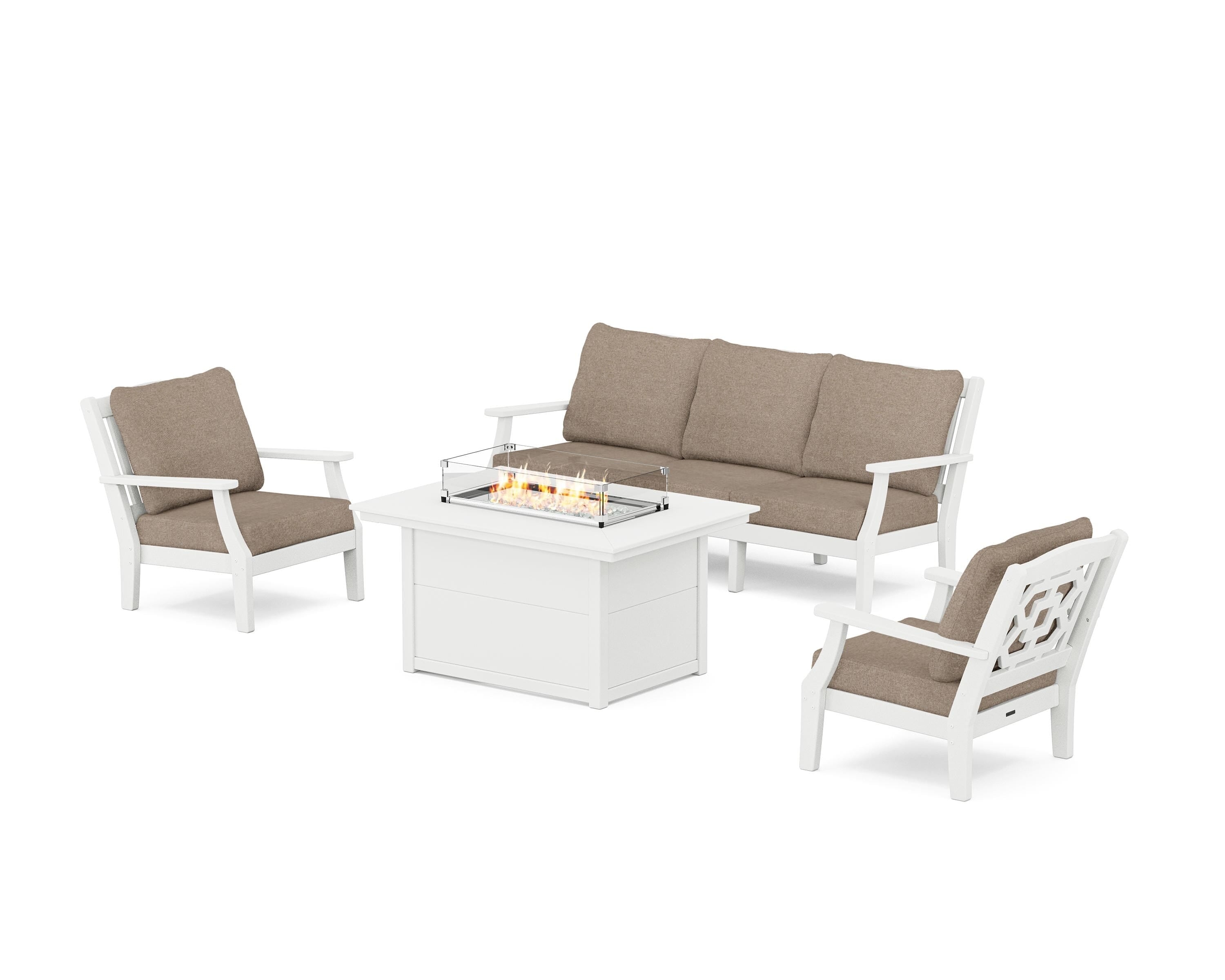 Martha Stewart by POLYWOOD Chinoiserie Deep Seating Fire Pit Table Set in White / Spiced Burlap
