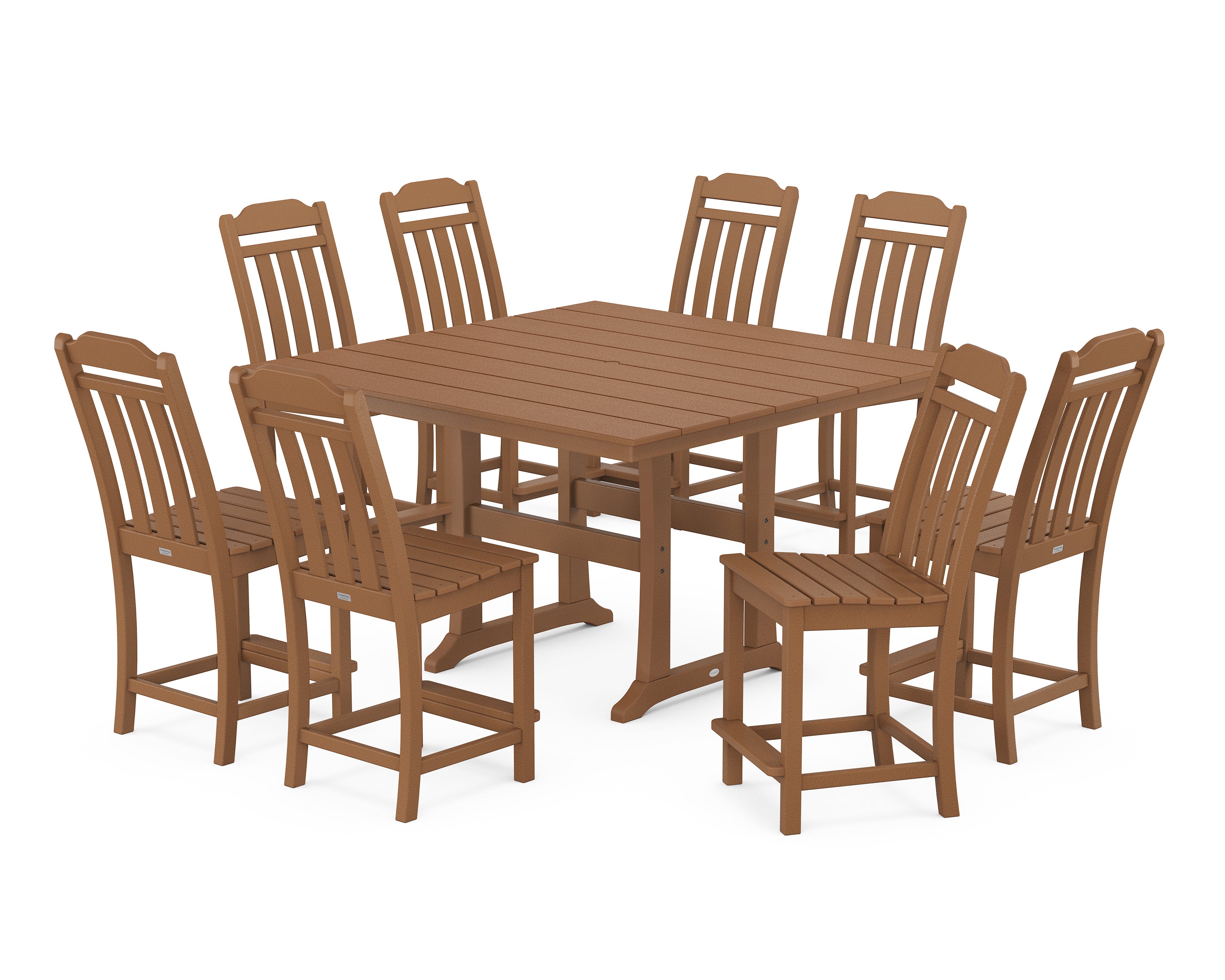 POLYWOOD Country Living 9-Piece Square Farmhouse Side Chair Counter Set with Trestle Legs in Teak