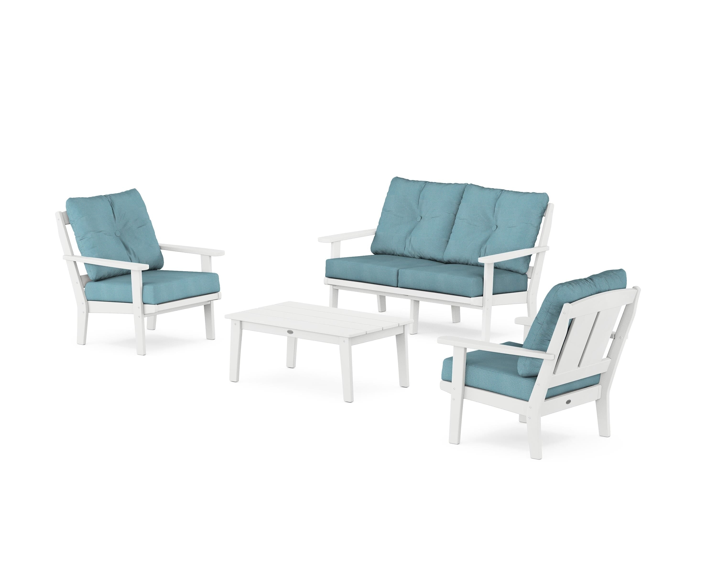 POLYWOOD Mission 4-Piece Deep Seating Set with Loveseat in White / Lattice Sky Blue