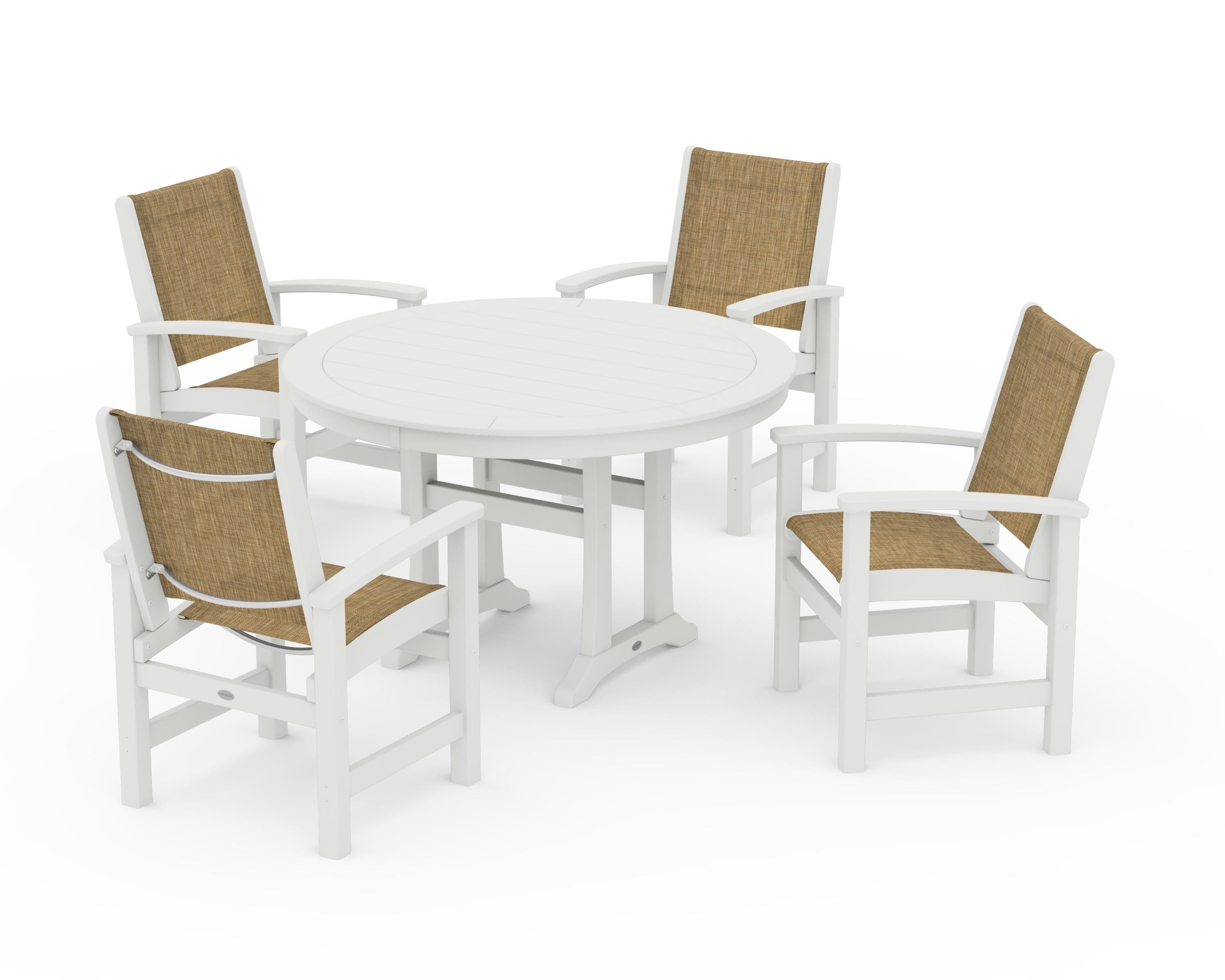 POLYWOOD Coastal 5-Piece Round Dining Set with Trestle Legs in Vintage White / Burlap Sling