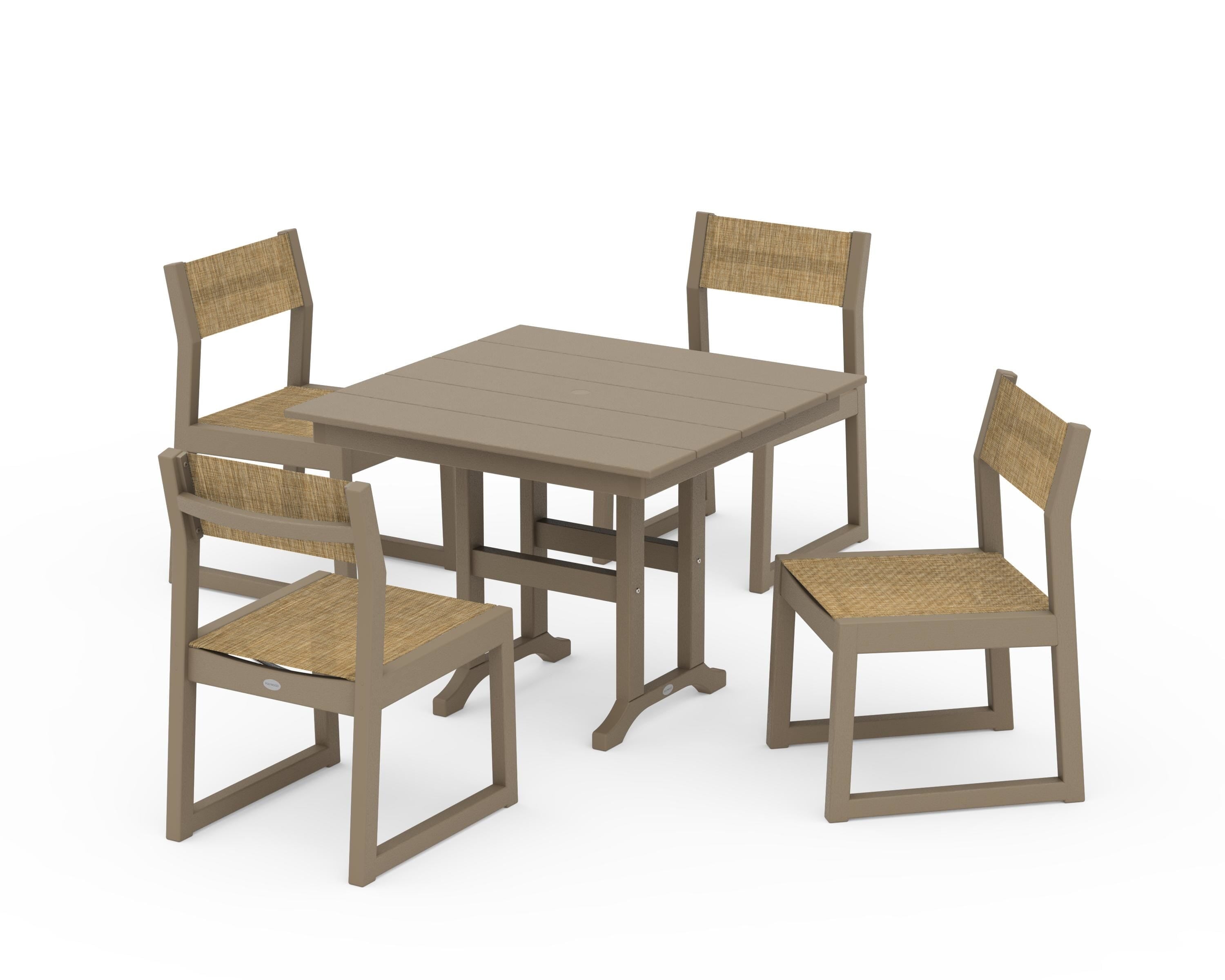 POLYWOOD EDGE Sling Side Chair 5-Piece Farmhouse Dining Set in Vintage Sahara / Burlap Sling
