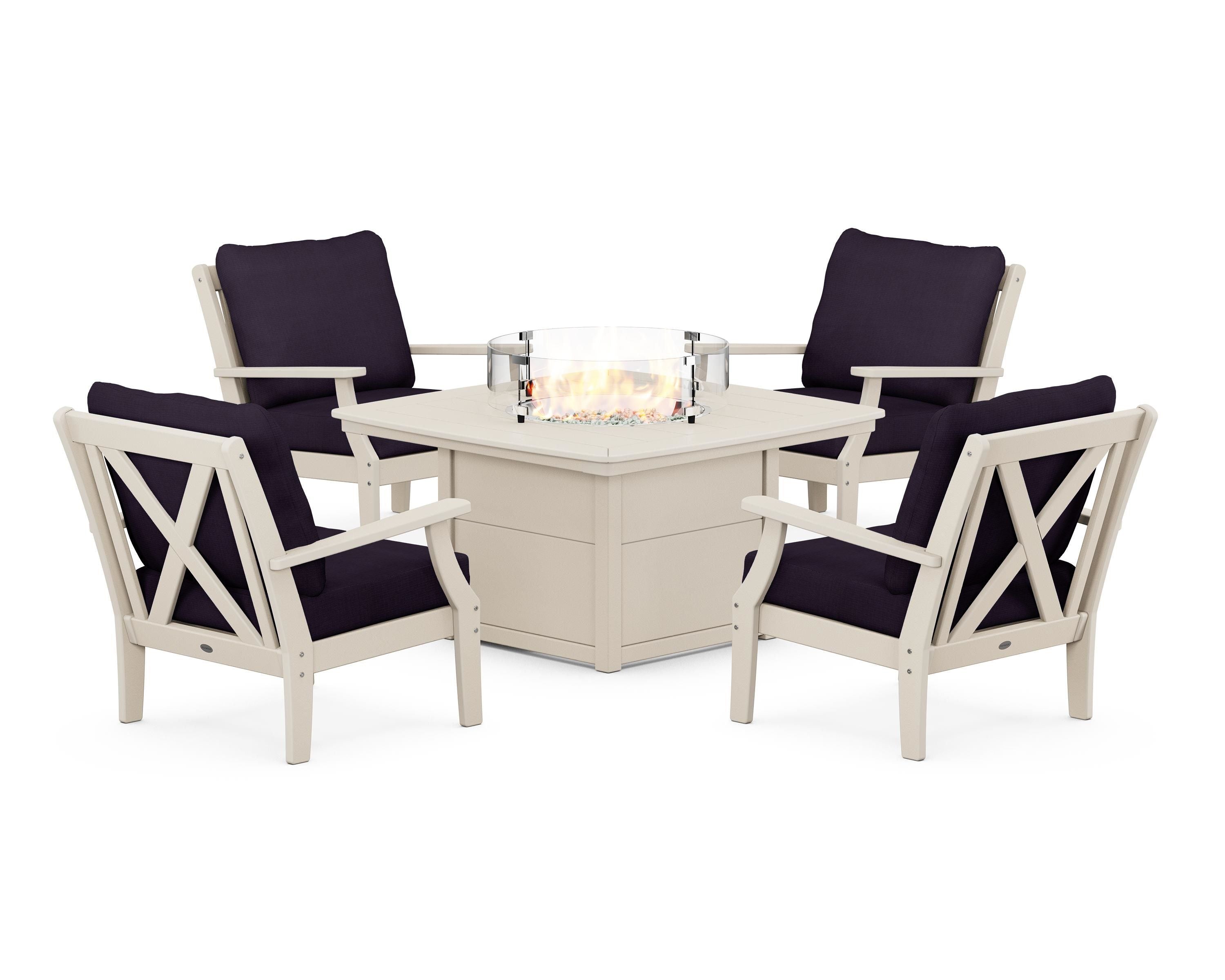POLYWOOD Braxton 5-Piece Deep Seating Conversation Set with Fire Pit Table in Sand / Navy Linen