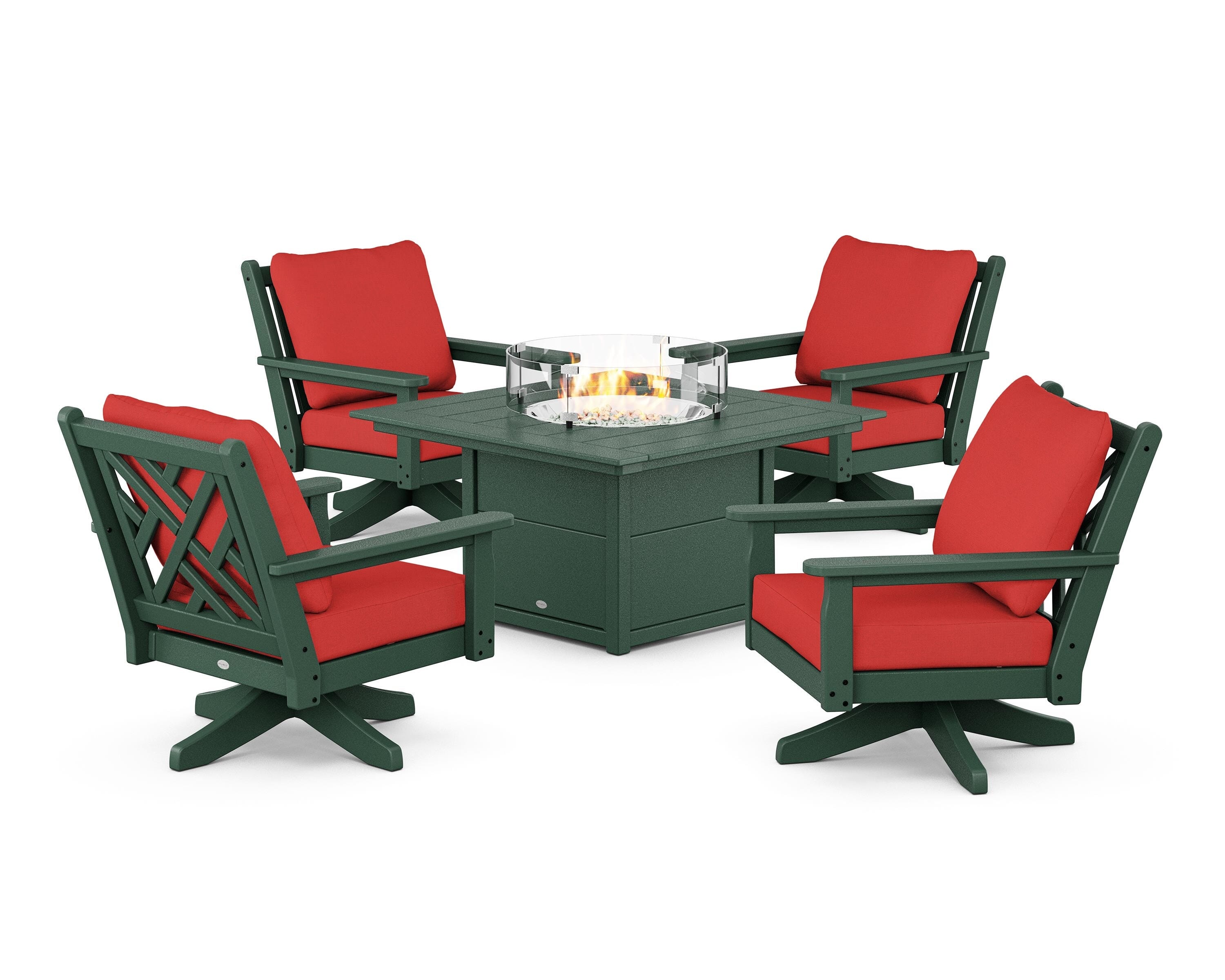 POLYWOOD Chippendale 5-Piece Deep Seating Swivel Conversation Set with Fire Pit Table in Green / Crimson Linen