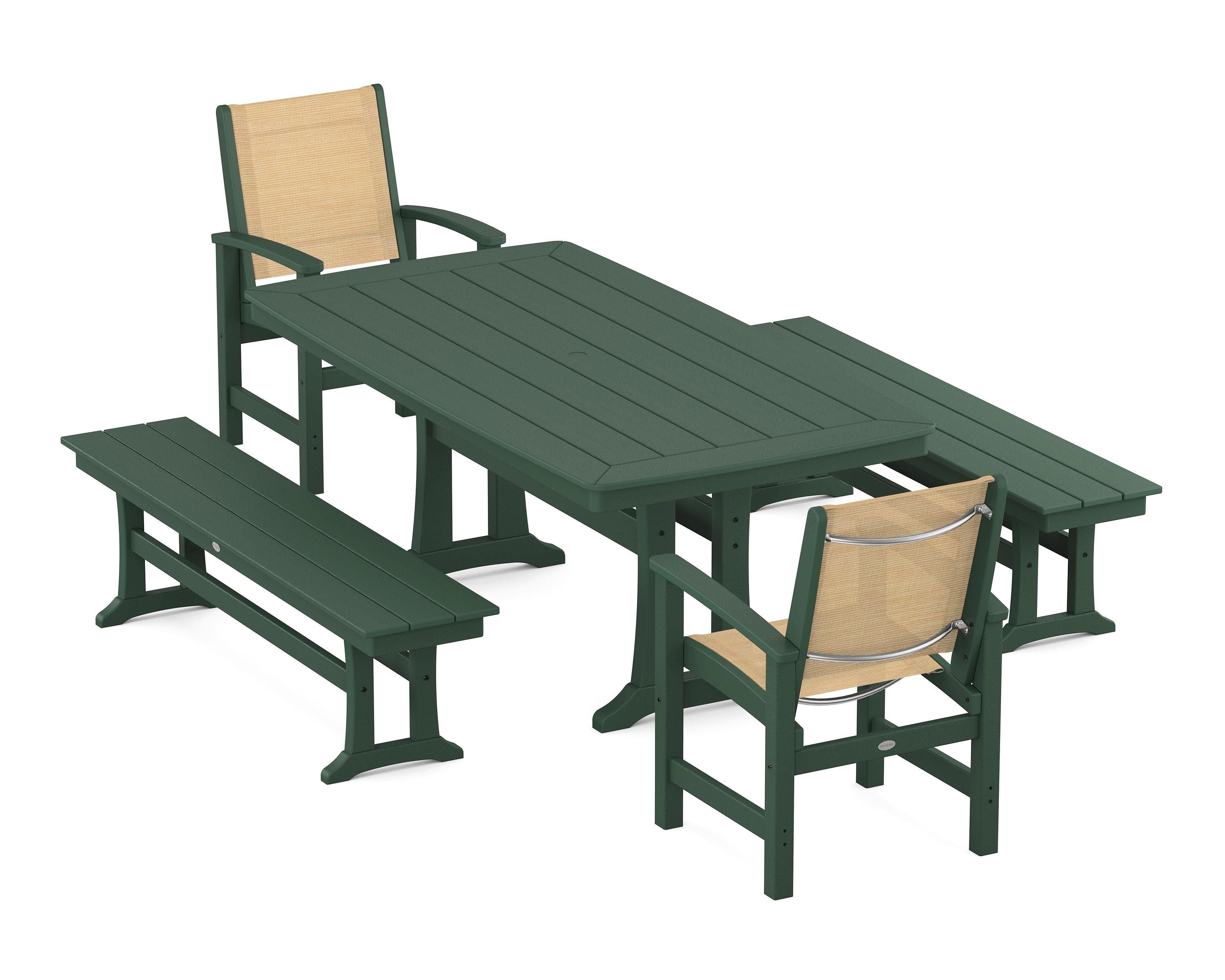 POLYWOOD Coastal 5-Piece Dining Set with Trestle Legs and Benches in Green / Dupioni Apricot Sling