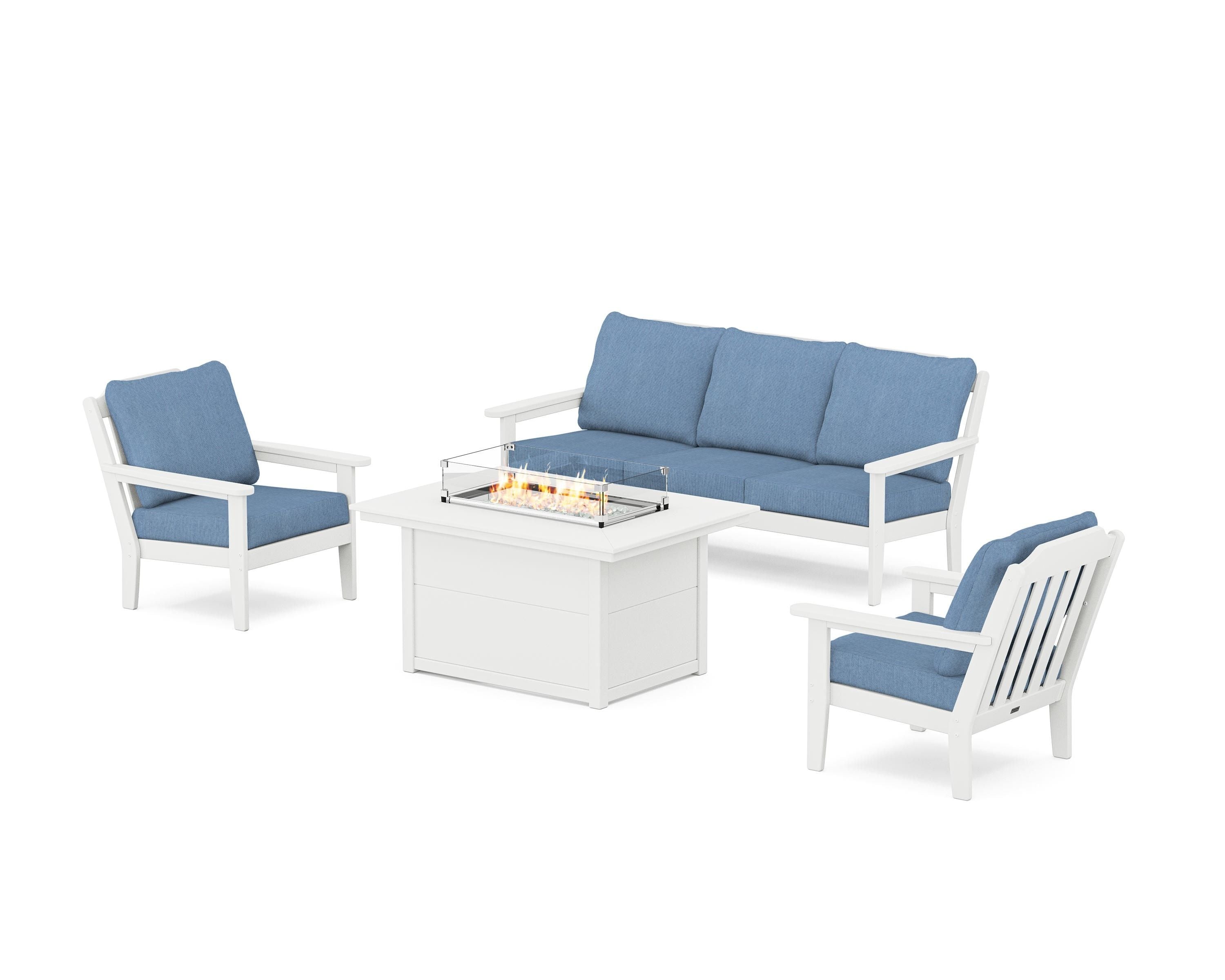 Country Living Cottage Deep Seating Fire Pit Table Set in White / Sky Blue
