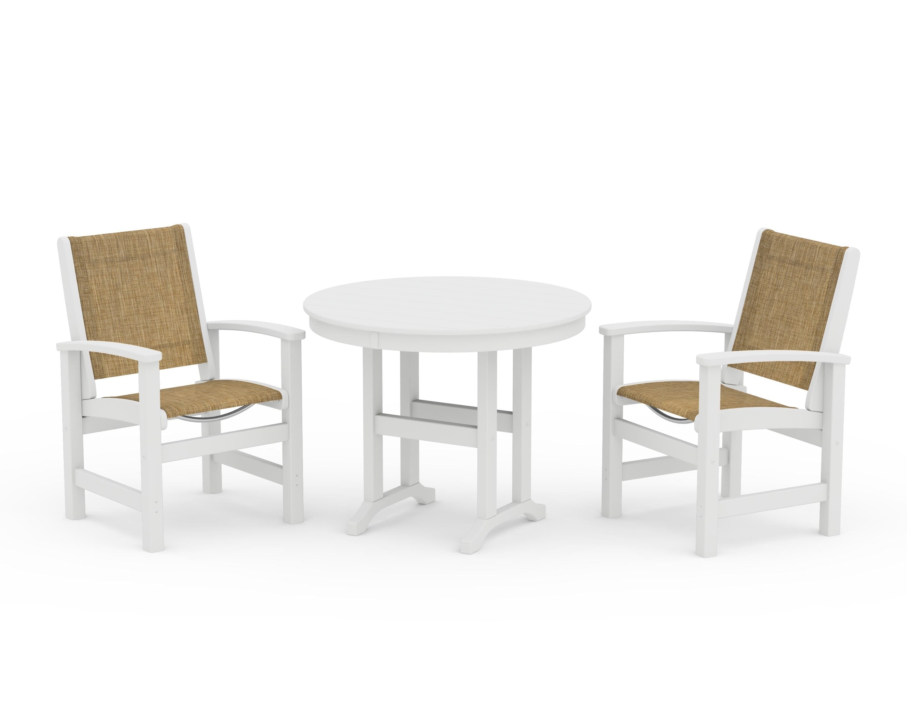 POLYWOOD Coastal 3-Piece Round Dining Set in White / Burlap Sling