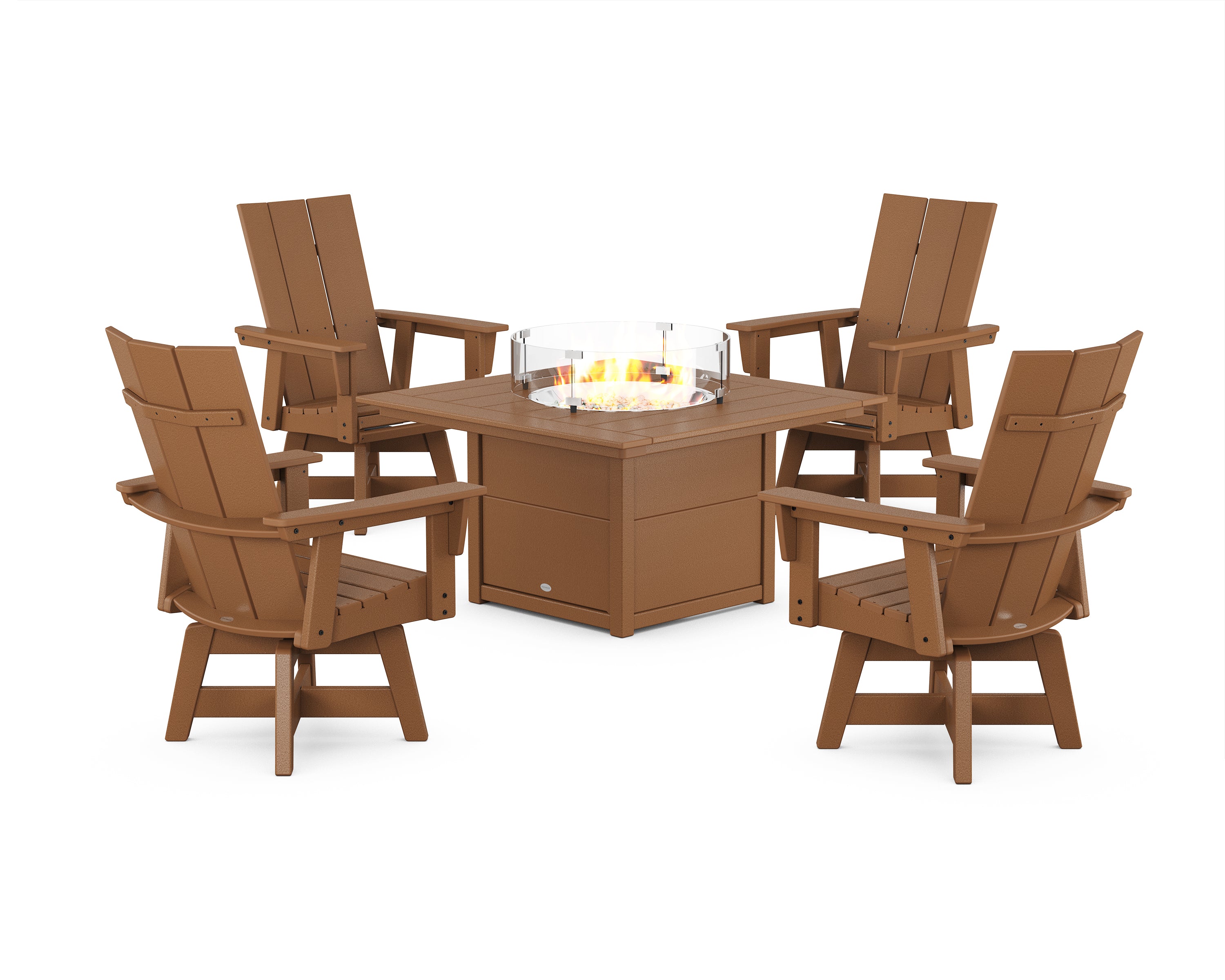 POLYWOOD® Modern 4-Piece Curveback Upright Adirondack Conversation Set with Fire Pit Table in Teak