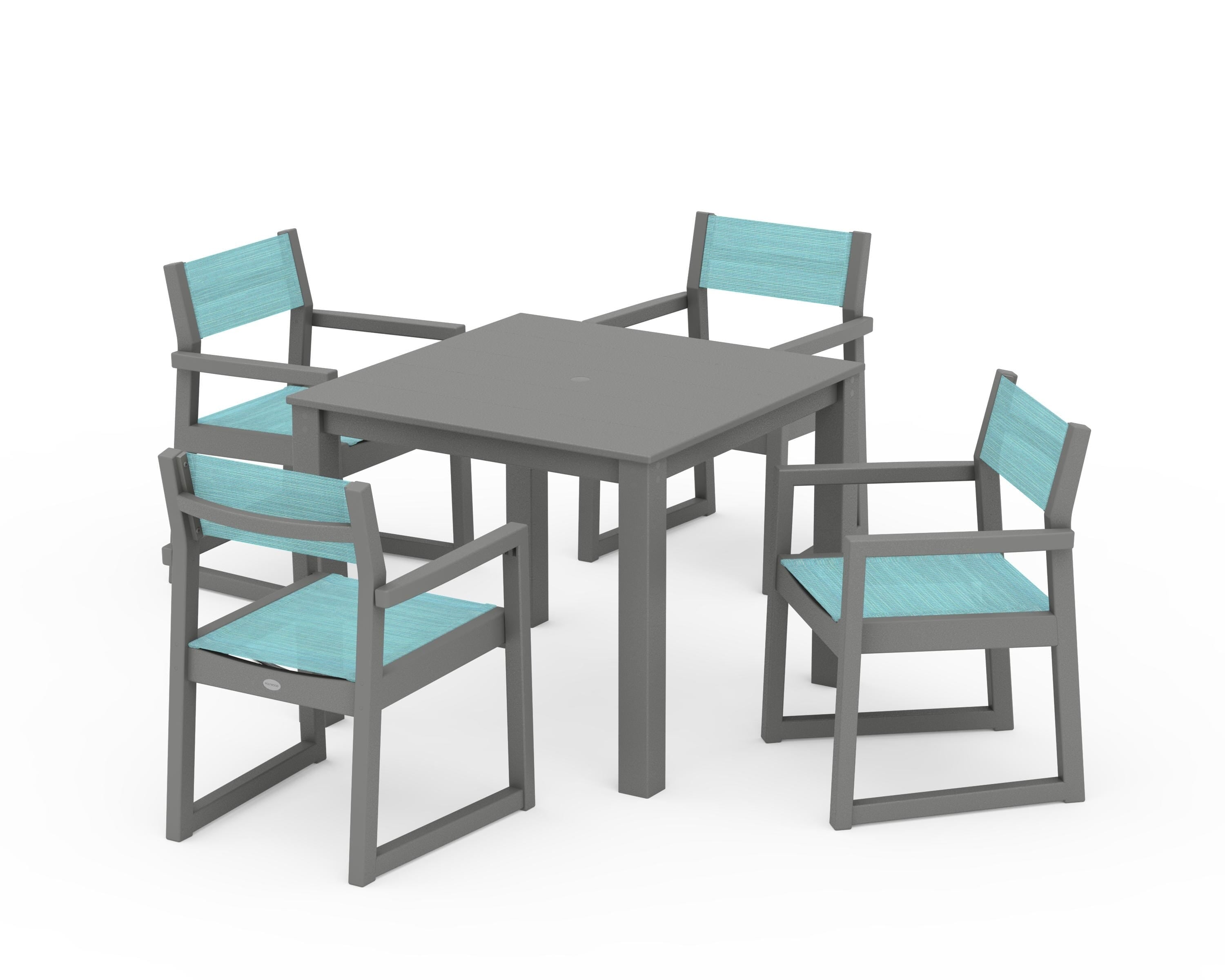 POLYWOOD EDGE Sling Arm Chair 5-Piece Parsons Dining Set in Slate Grey / Dupioni Aquamarine Sling