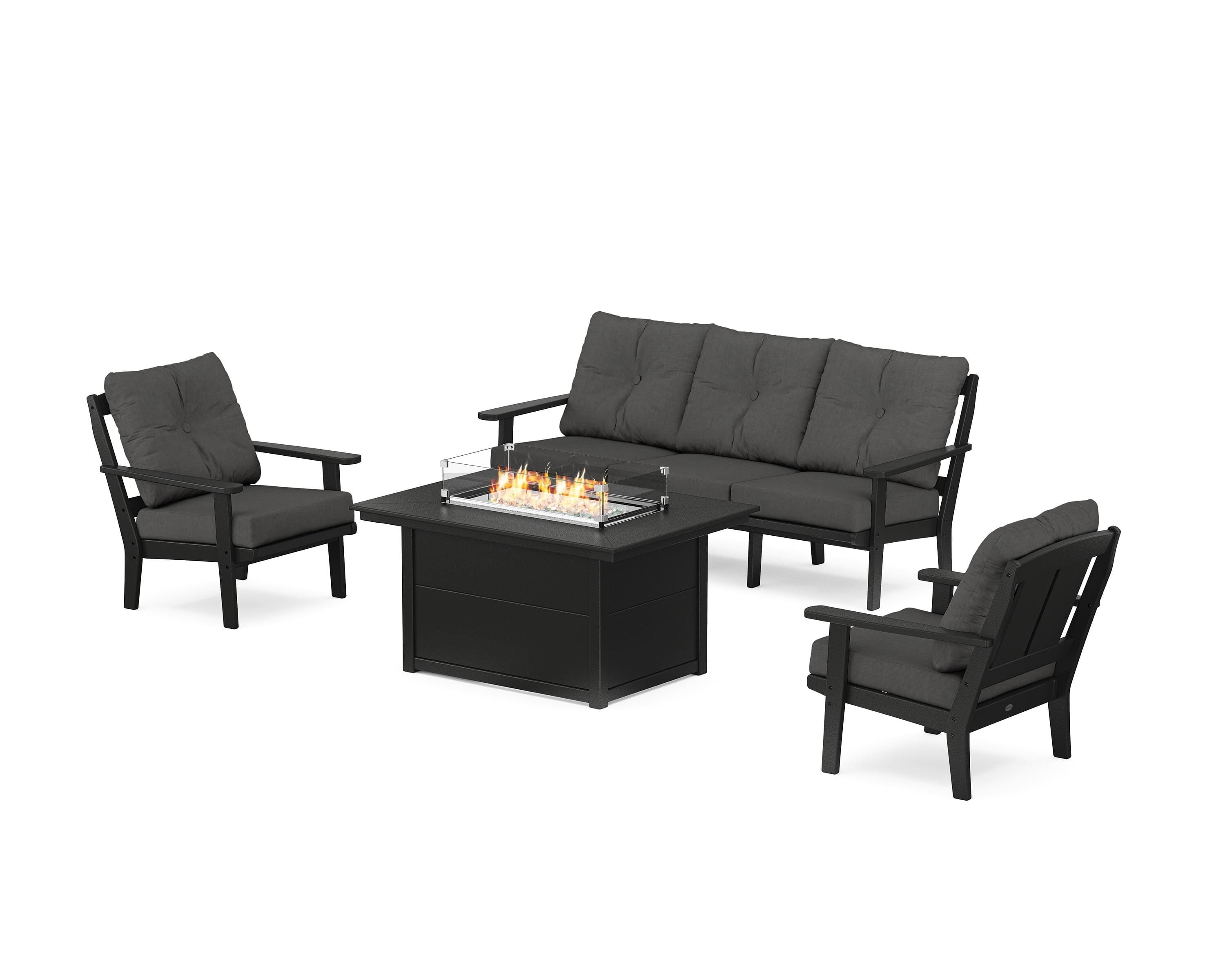 POLYWOOD Mission Deep Seating Fire Pit Table Set in Black / Spectrum Carbon