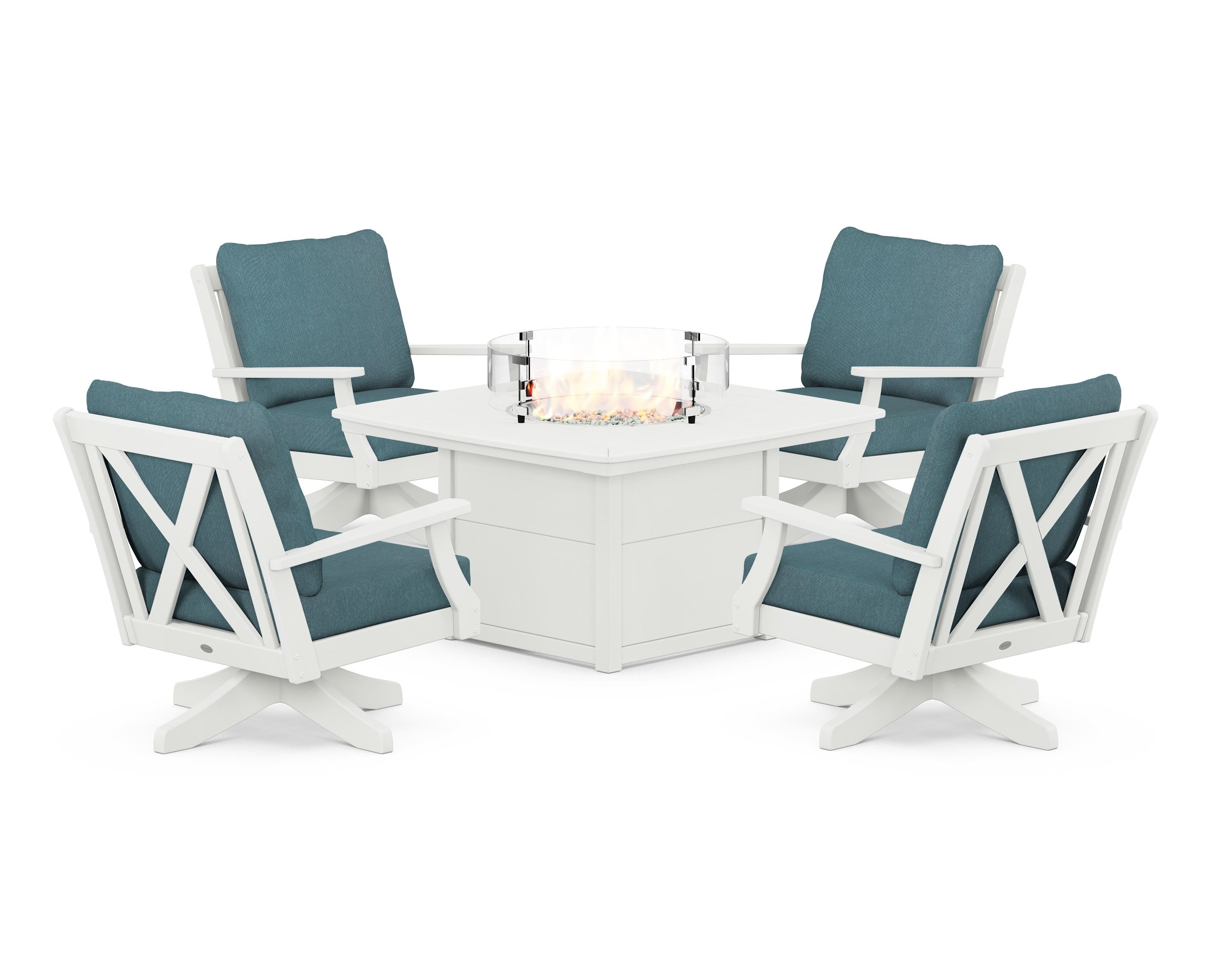 POLYWOOD Braxton 5-Piece Deep Seating Swivel Conversation Set with Fire Pit Table in Vintage White / Ocean Teal
