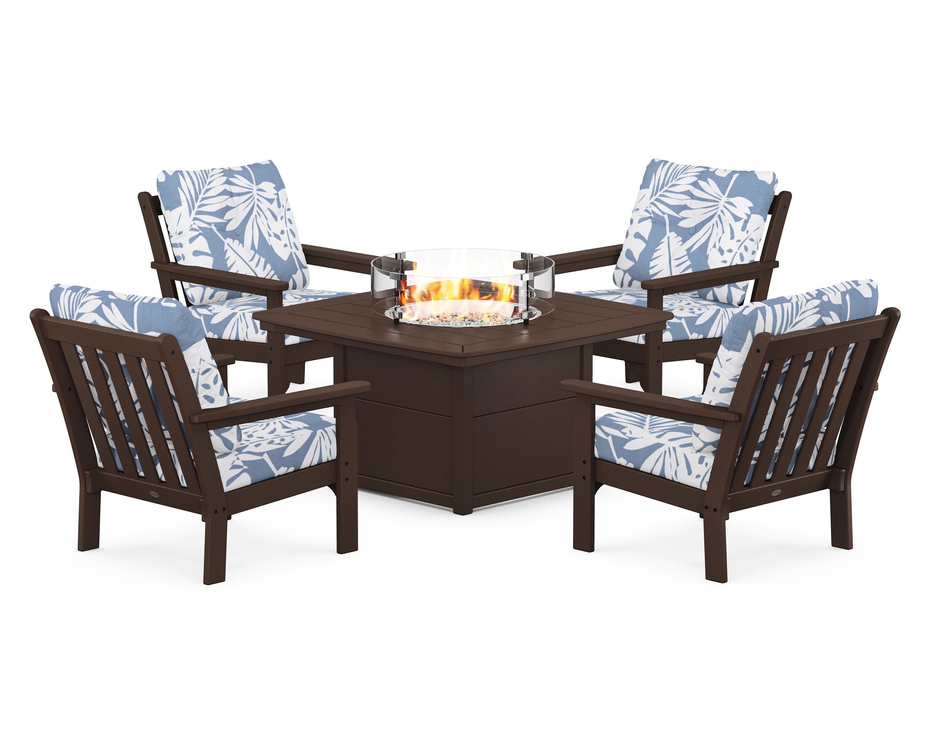 POLYWOOD Vineyard 5-Piece Conversation Set with Fire Pit Table in Mahogany / Leaf Sky Blue